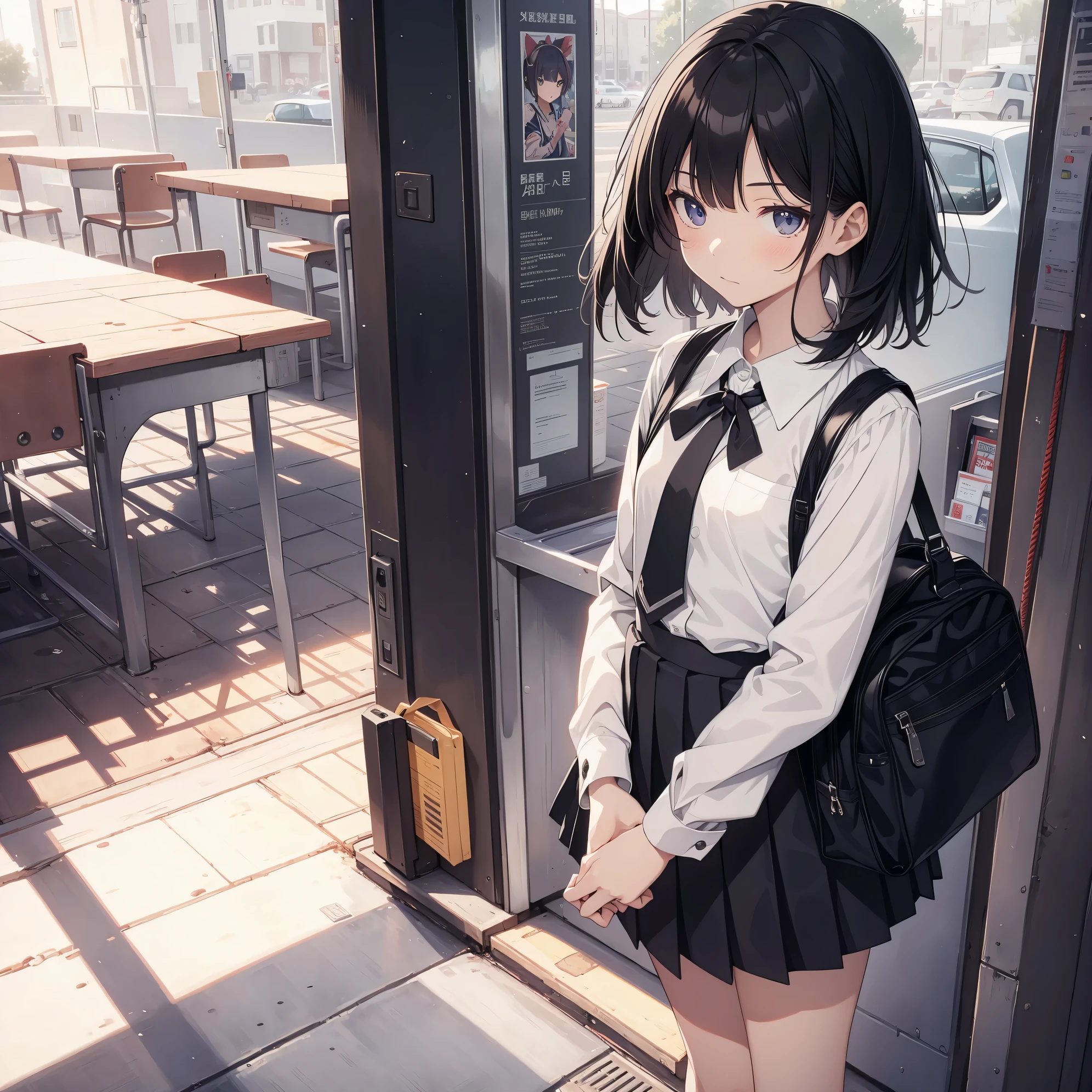 Ultra-highest quality by the art god, super detailed, High resolution, anime moe art style, Best Anime 8K Kona-chan Wallpaper, pixiv contest winner, perfect anatomy, break,(眠そうにalone学校へ行く女の子を描いてください. )break,1 girl, (alone,little woman, baby face, 13 years old:1.3),All limbs, full finger,, The charm of an immature body, (very short hair), bangs, flat chest, , Small Bodysuits, small ass, between legs, small black eyes, detailed and beautiful eyes, Well-proportioned iris and pupils, expressive eyes, sleepy eyes, High resolutionの詳細な髪, ribbon, neck ribbon, skirt, collared shirt,  pleated skirt, school uniform, school bag,(detailed lighting), (detailed background), On the way to school. break,super dense skin, Best lighting by famous artists, 8k, Bright illustration,Hmm, rough skin,Absurd Hi-Res 