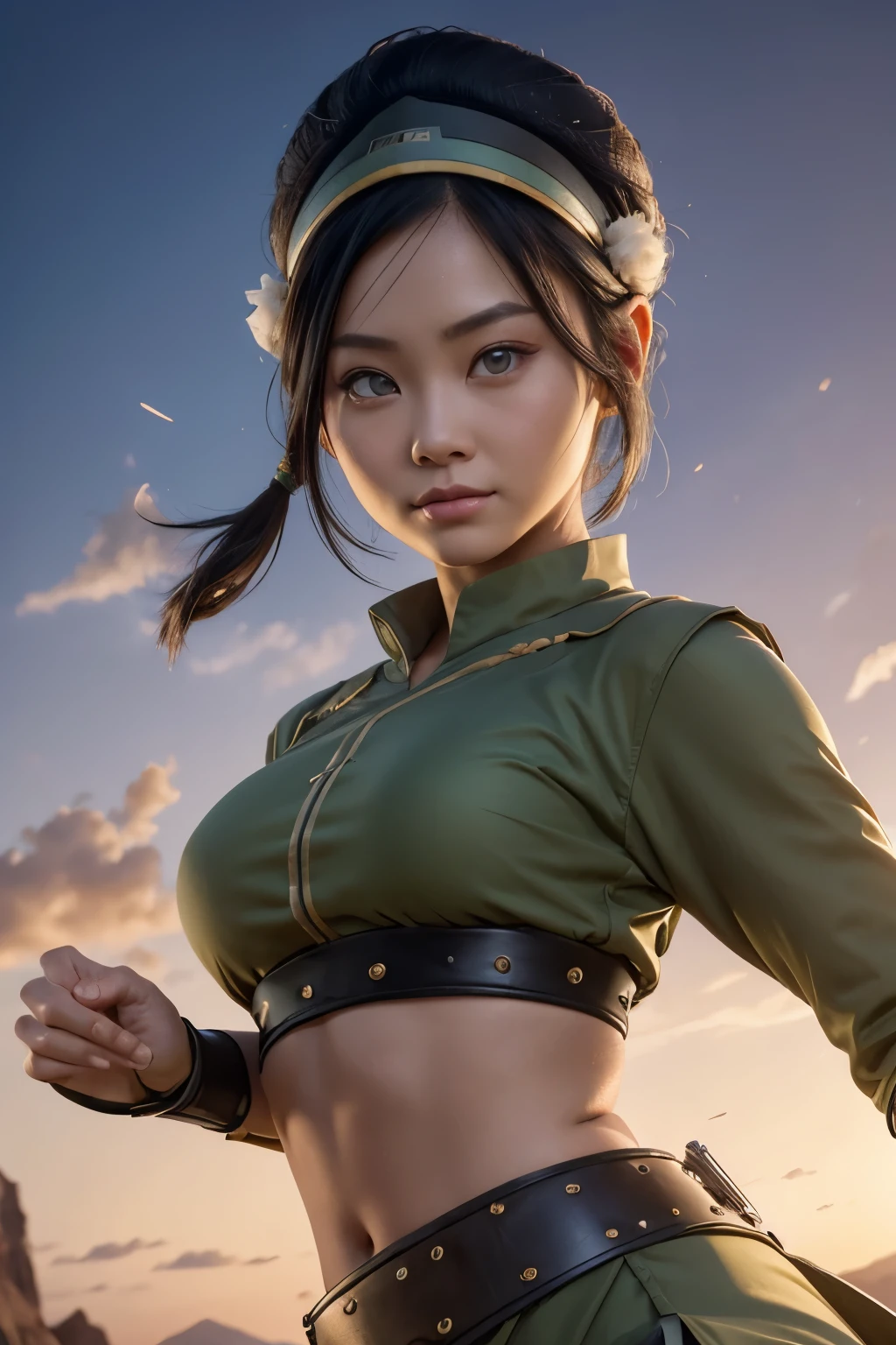 Toph beifong from avatar, ((Toph beigong)), earthbender clothes, earth tribe clothes, toph clothes, large breasts and wide hips, perfect and full lips, round grat eyes looking at the viewer, ((Lana Condor)), pale skin, curvy body,  avatar the legend of aang, avatar, earthbender background, black hair tied into a bun with a headband , attention to detail, focus, sharpness, absurd details, realism, hyper focus, perfect fingers, well-drawn lips, clear face, colors in tone pastel, fhd, 4k, high resolution, dynamic poses, clear faces, soft expressions, gentle smile  