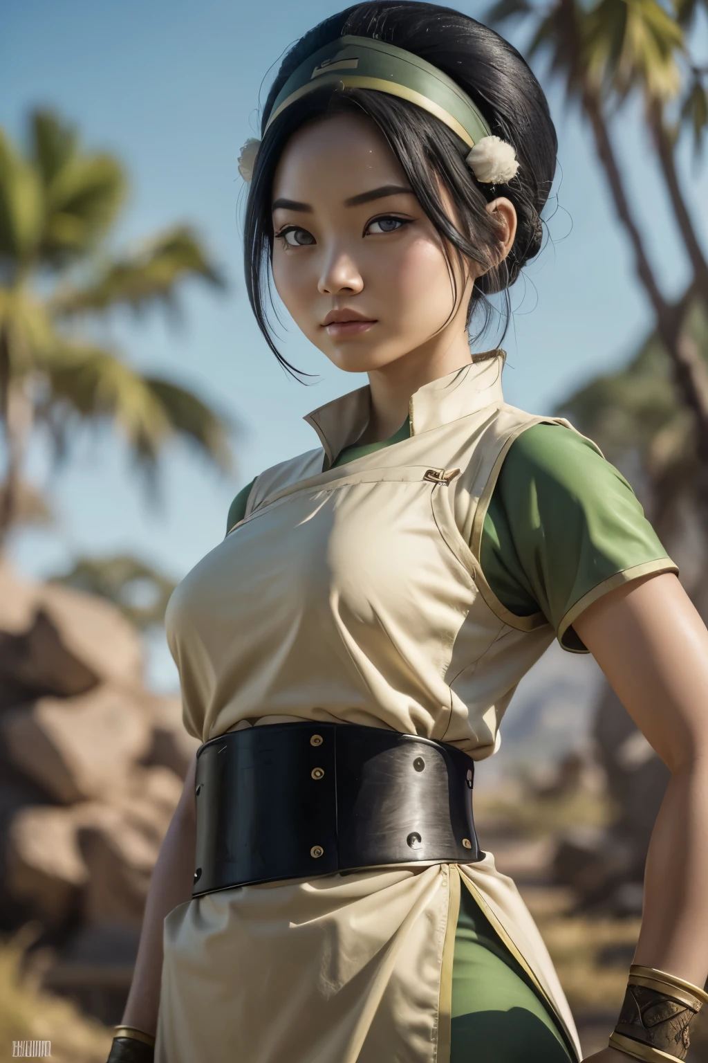 Toph beifong from avatar, ((Toph beigong)), earthbender clothes, earth tribe clothes, toph clothes, large breasts and wide hips, perfect and full lips, round grat eyes looking at the viewer, ((Lana Condor)), pale skin, curvy body,  avatar the legend of aang, avatar, earthbender background, black hair tied into a bun with a headband , attention to detail, focus, sharpness, absurd details, realism, hyper focus, perfect fingers, well-drawn lips, clear face, colors in tone pastel, fhd, 4k, high resolution, dynamic poses, clear faces, soft expressions, gentle smile  