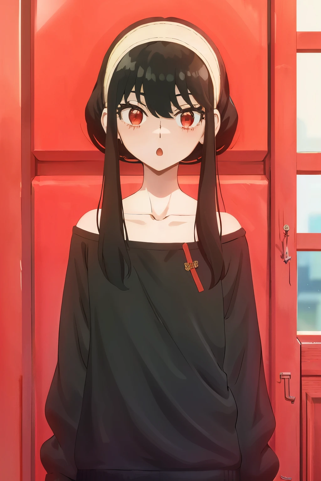 upper body, yor, 1girl, solo, off-shoulder sweater, red sweater, collarbone, black hair, red eyes, black hair, short hair, short hair with long locks, bangs, sidelocks, white hairband, looking at viewer, :o, arms behind back, small, , cute