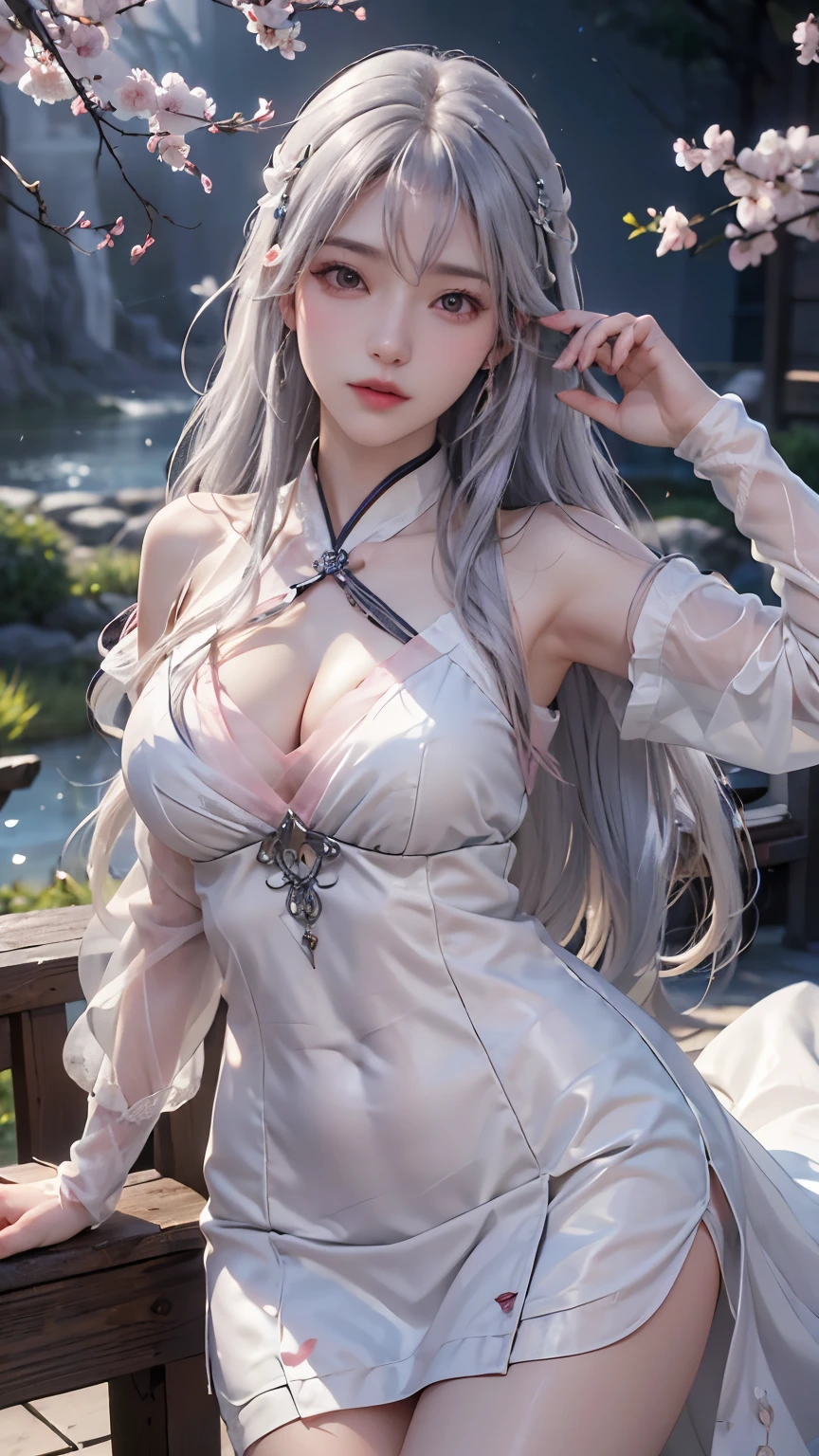 ((logo、masterpiece、8K、table top、RAW photo、wonderful、最high quality、フォトリアリスティックでvery detailedな CG 統合 8k 壁紙、high quality、very detailed、narrative poem、particle effects、dynamic effects、Depth of the bounds written、cinematic light、Lens flare、ray tracing、table top、realistic:1.4、超A high resolution:1.2、realistic、realistic))、fantasy、anatomically correct、((alone、white dressの女性、woman dancing gracefully:1.4、woman dancing gracefully:1.4、view viewer、detailed face、silver hair、medium long hair、髪がWindで踊る、hair jump))、white dress、silver earrings、(Wind、Spectacular view、美しい自然のWind景、絶望的なWind景, ダークfantasy、tundra、dark sky、Cold atmosphere、pink cherry tree、petals dance、SakuraFubuki、Falling petals)
