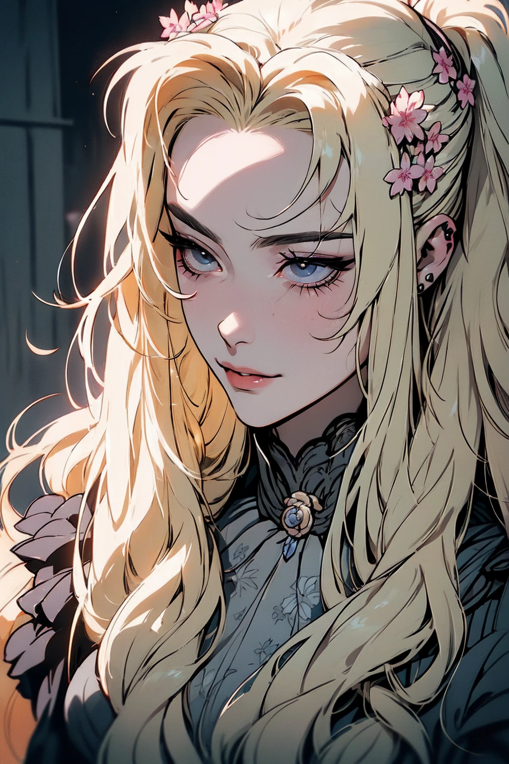 hyper-realistic  of a mysterious woman with flowing blond hair, pony tail, piercing gray eyes, and a delicate floral crown, delicate smile, upper body