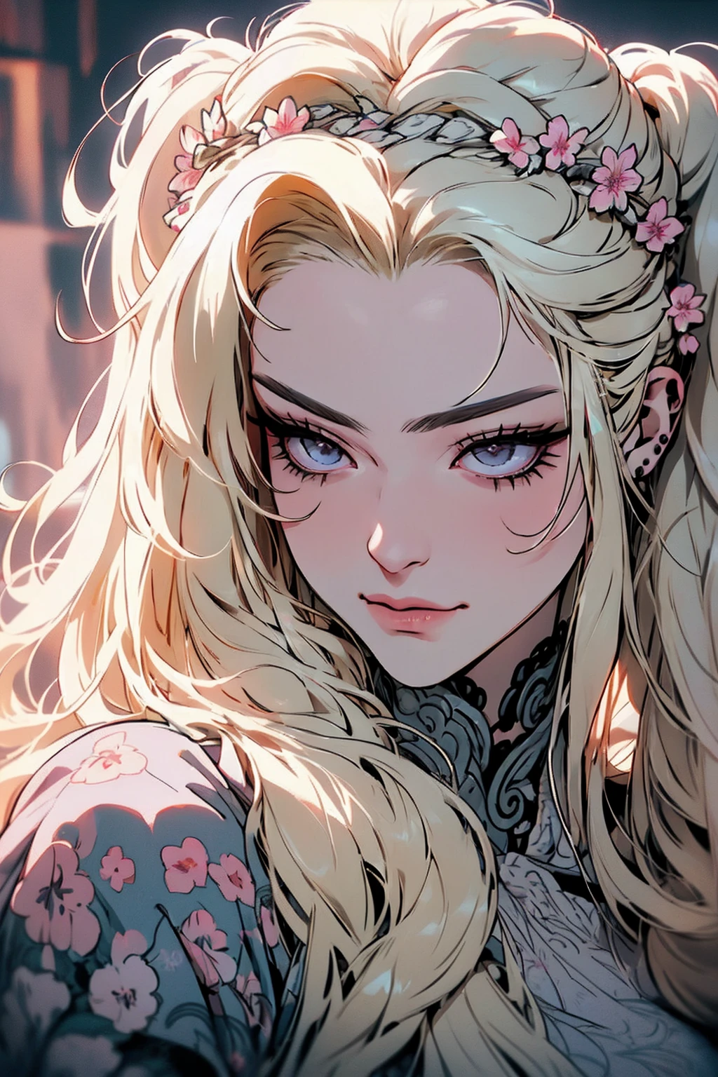 hyper-realistic  of a mysterious woman with flowing blond hair, pony tail, piercing gray eyes, and a delicate floral crown, delicate smile, upper body