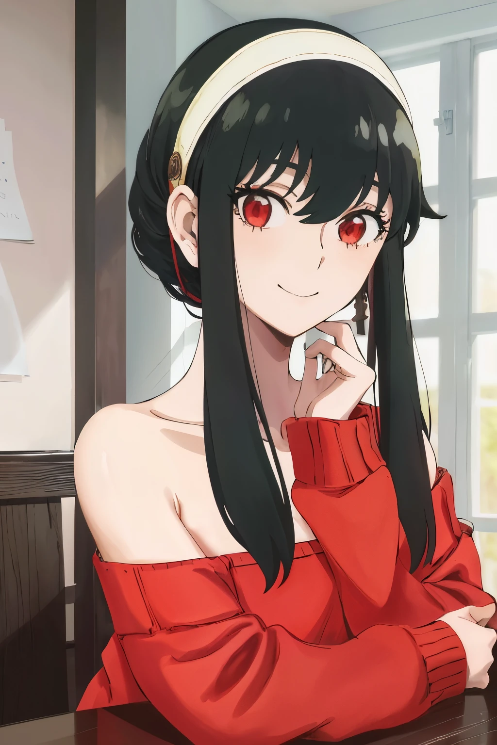 upper body, yor, 1girl, solo, off-shoulder sweater, red sweater, collarbone, black hair, red eyes, black hair, short hair, short hair with long locks, bangs, sidelocks, white hairband, looking at viewer, :o, simple background, ((masterpiece, best quality:1.2)), (ultra-detailed:1.2), extremely detailed cg,8k,school,indoors,smile