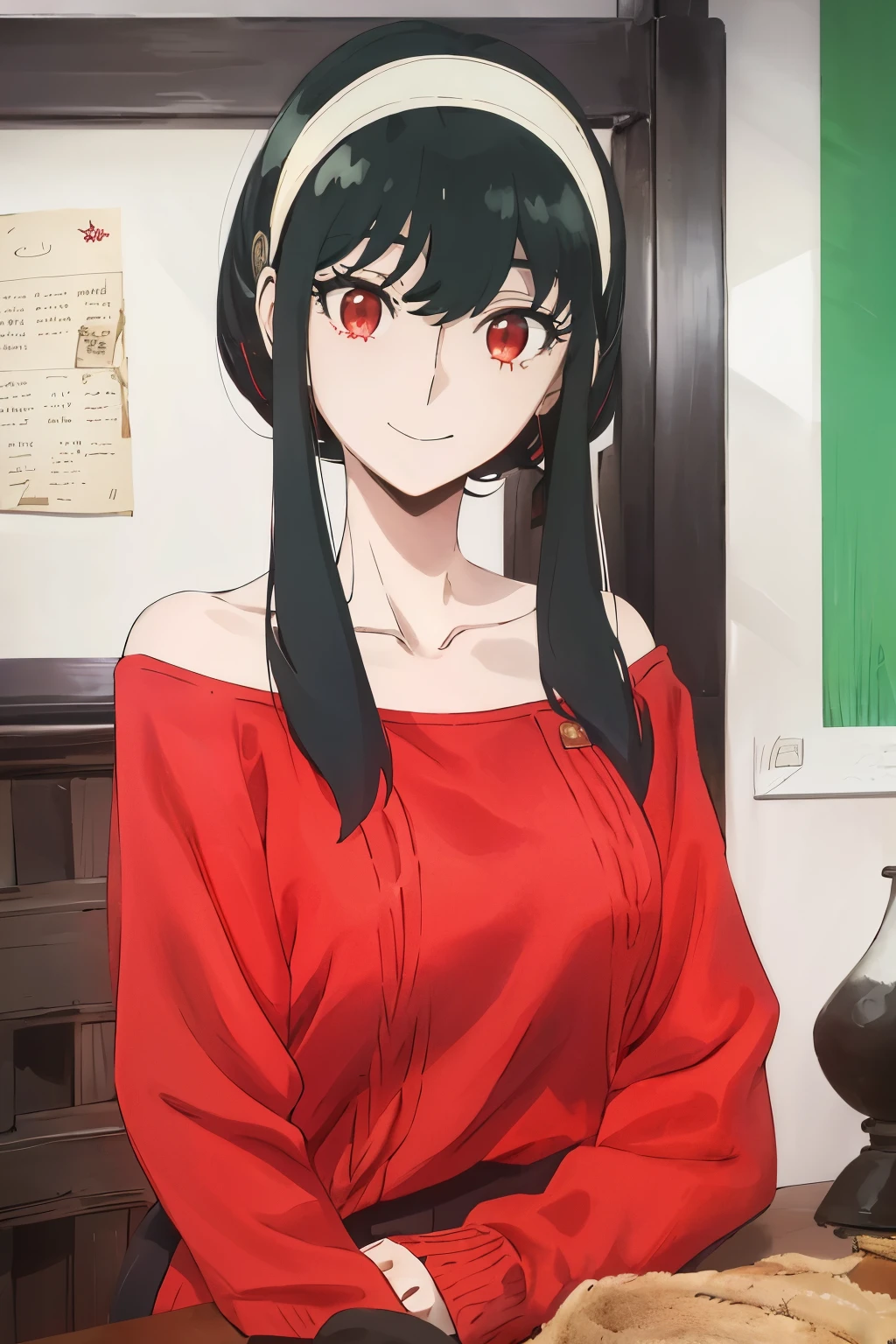 upper body, yor, 1girl, solo, off-shoulder sweater, red sweater, collarbone, black hair, red eyes, black hair, short hair, short hair with long locks, bangs, sidelocks, white hairband, looking at viewer, :o, simple background, ((masterpiece, best quality:1.2)), (ultra-detailed:1.2), extremely detailed cg,8k,school,indoors,smile