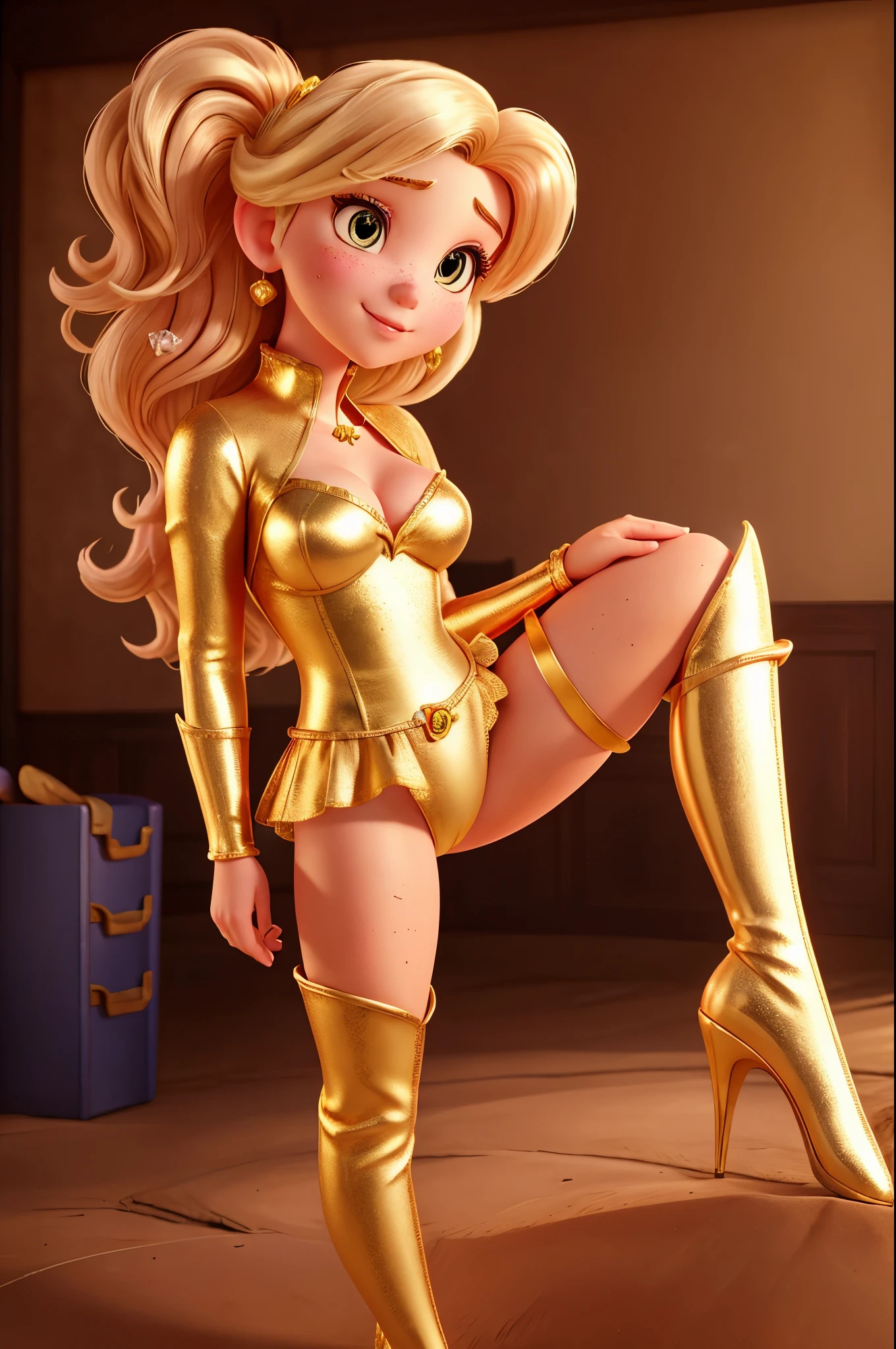 princess peach,gold panties,view crotch,in disco,realistic details in the gold panties, freckles on the face and skin,realistic details in the skin,thigh high boots,details of wear and dirt on skin and clothing, realistic particles,