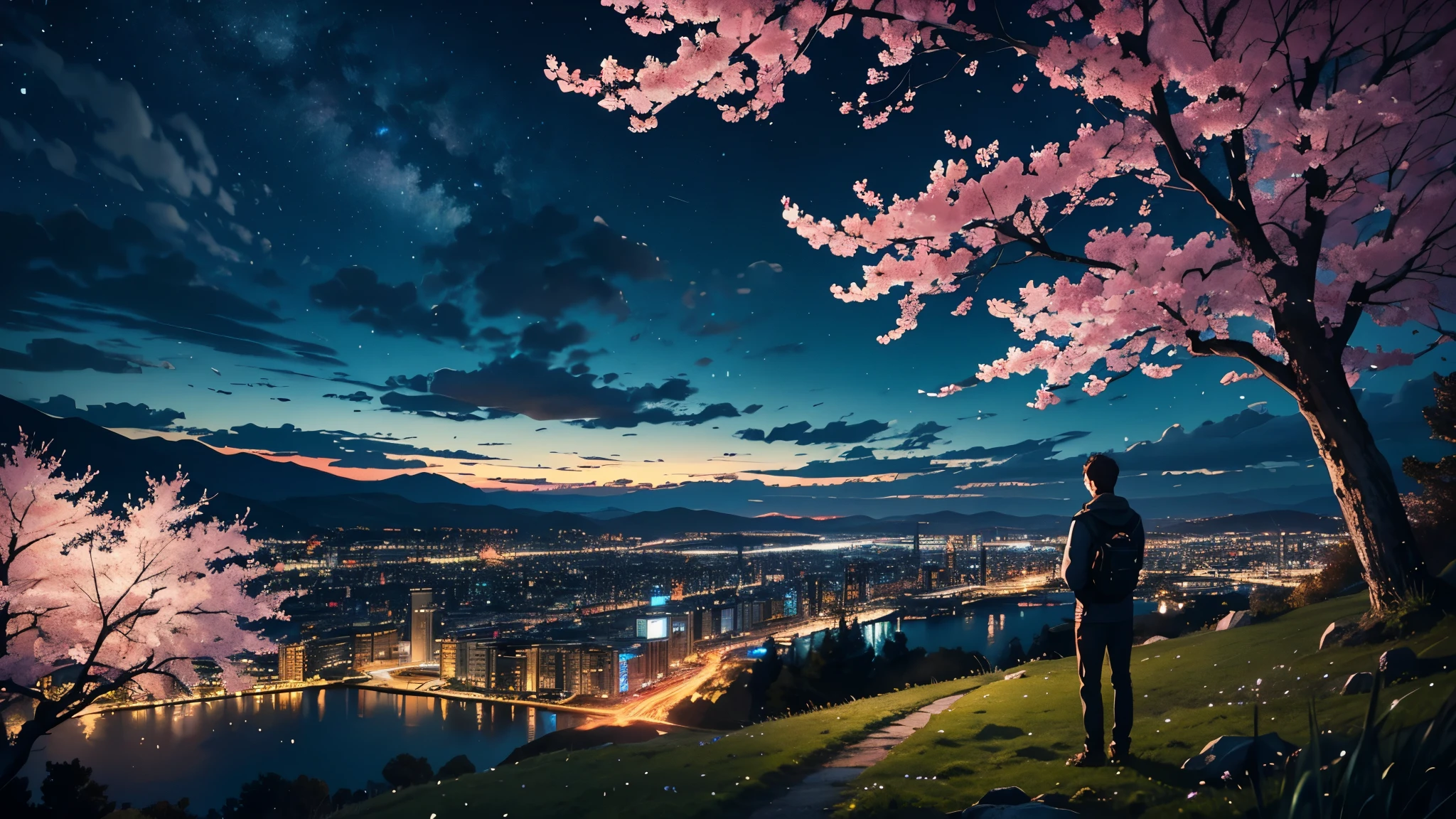 hill in the mountains with a somewhat cloudy atmosphere nearby there is a space where there is a beautiful sakura tree and next to it a handsome boy of about 19 years old looking something sad and I reflect that in the foreground then in the background I mean the background is at night and there is green grasses and a tree on the hill and down the hill is the city, you can only see the lights of the city because it is night