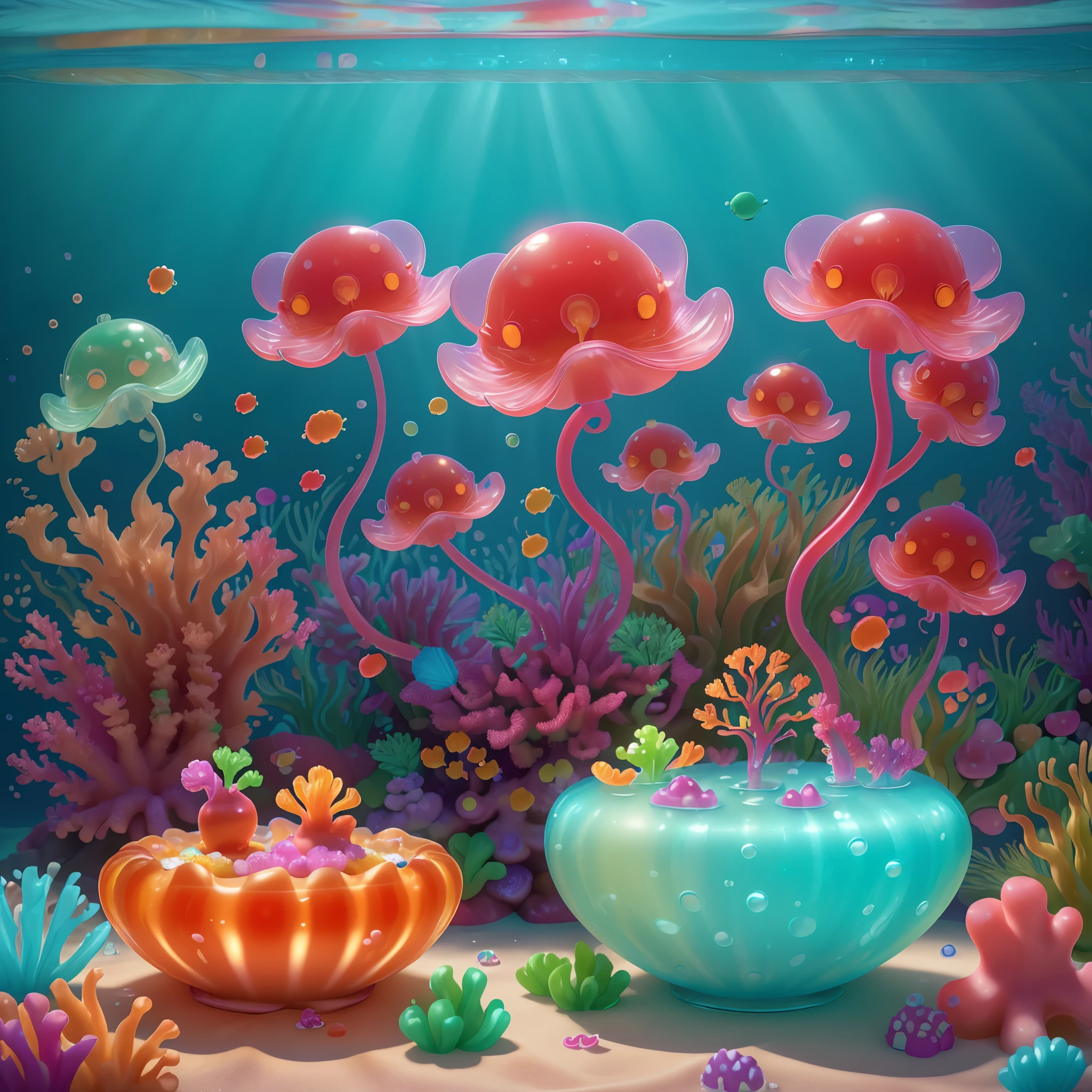 best quality,4k,highres,masterpiece:1.2),ultra-detailed,(realistic,photorealistic,photo-realistic:1.37),a jelly fish,brightly colored,made of jelly,swimming in a soda sea,candy-themed life,shimmering scales,translucent body,delicate tentacles,sparkling eyes,lively motion,iridescent glow,sweet aroma of soda,tasty candy plants,dripping with syrup,mint-flavored corals,bubblegum rocks,magical underwater scene,playful and vibrant atmosphere,whimsical and fantastical,refracted light creating dreamlike patterns,rays of sunlight filtering through the fizzy sea,glimmering reflections on the surface,captivating and surreal journey.