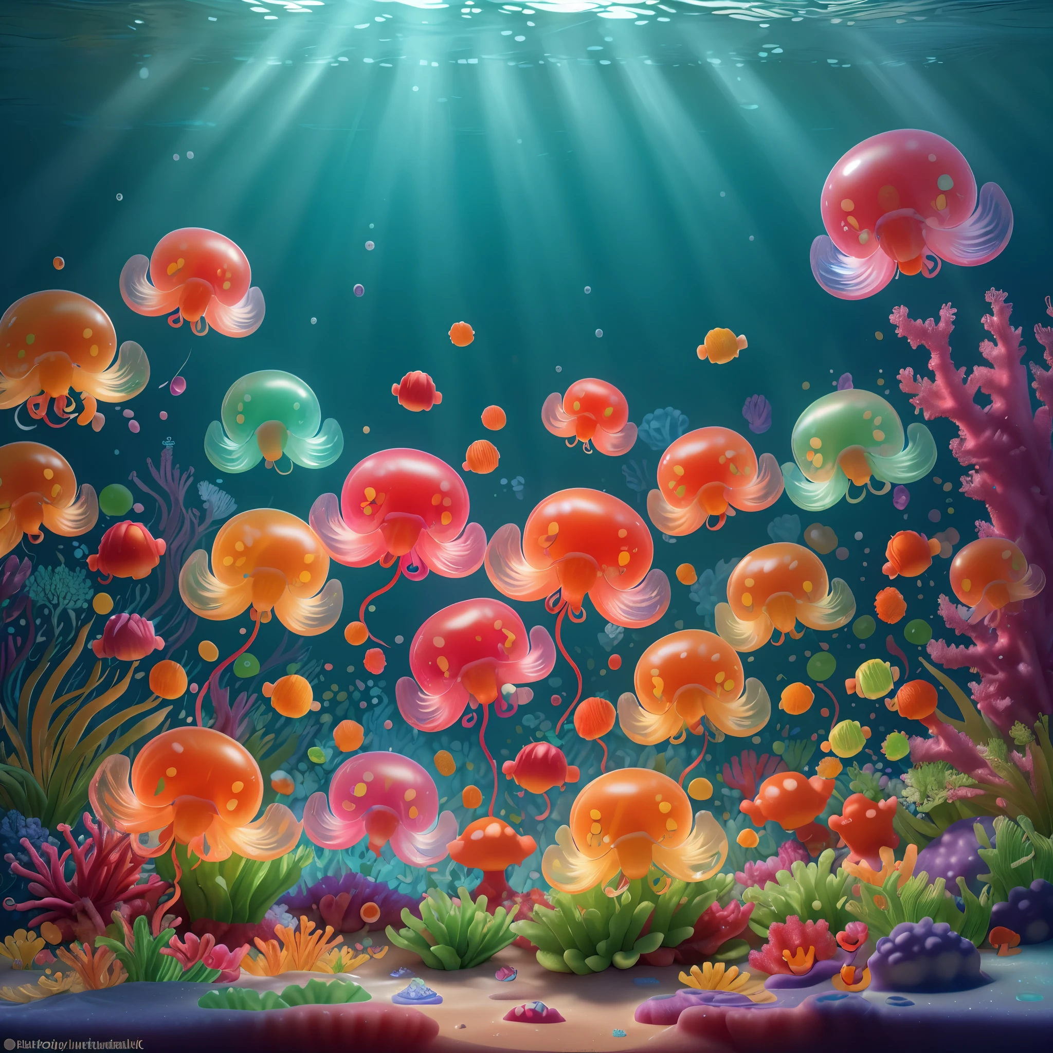 best quality,4k,highres,masterpiece:1.2),ultra-detailed,(realistic,photorealistic,photo-realistic:1.37),a jelly fish,brightly colored,made of jelly,swimming in a soda sea,candy-themed life,shimmering scales,translucent body,delicate tentacles,sparkling eyes,lively motion,iridescent glow,sweet aroma of soda,tasty candy plants,dripping with syrup,mint-flavored corals,bubblegum rocks,magical underwater scene,playful and vibrant atmosphere,whimsical and fantastical,refracted light creating dreamlike patterns,rays of sunlight filtering through the fizzy sea,glimmering reflections on the surface,captivating and surreal journey.