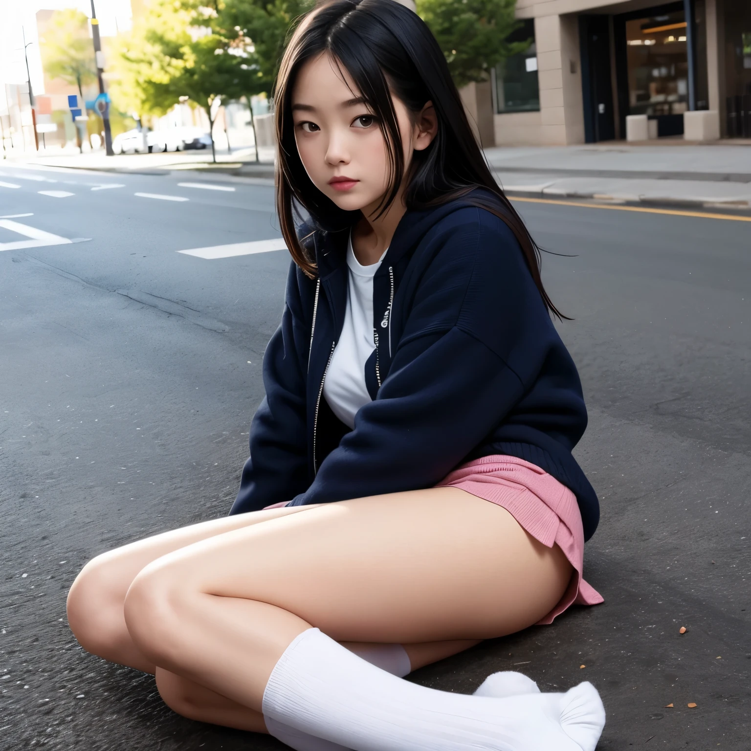 1womanl、(Super beautiful)、(beauitful face:1.5)、Clear pubic contours、Squatting、Spread your legs、(white  panties:1.4)、(high-school uniform)、(Dark blue pleated skirt)、(Wear black loafers)、(Sidewalk in Shibuya at night)、Neon sign、(At NSFW:1.1)