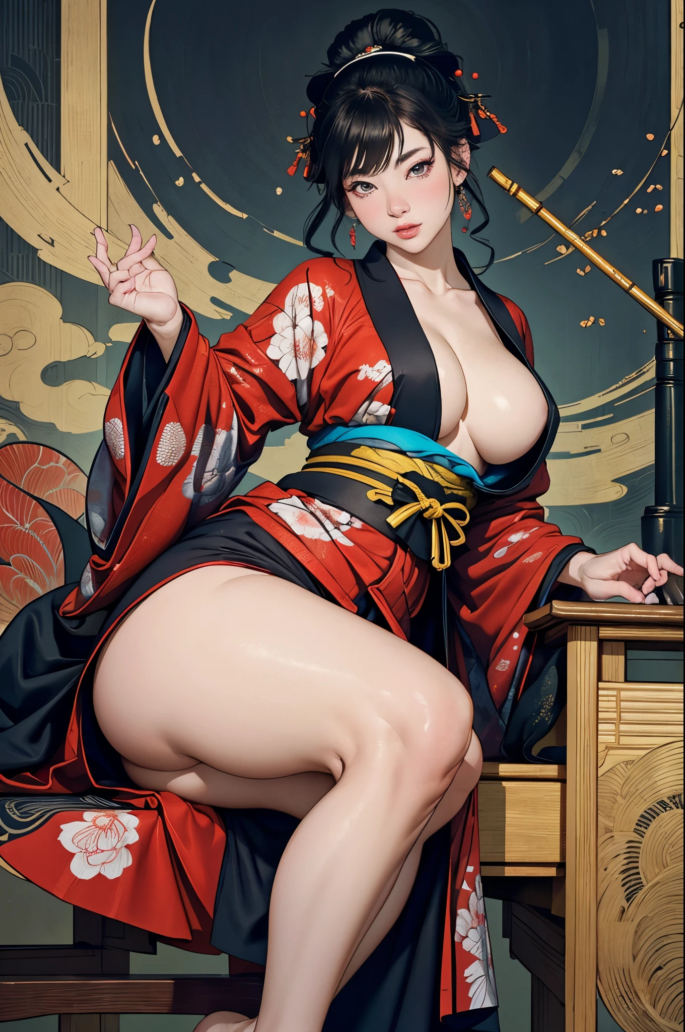 Umalinda warrior sexy, pretty face, Delicious Company, Alluring figure, Wearing a sexy open kimono. The artwork is created in a medium reminiscent of Japanese ink paintings....., 具有大胆的笔触和Monochromatic color palette. artist'Masterful technique reveals the intensity and power of the image'sense of presence,with the highest quality, Perfectly capture every detail with ultra-high resolution. Textures and intricate patterns on kimonos are rendered with extreme precision. Lighting is carefully designed,Enhance drama, Features deep shadows and subtle highlights. General, The artwork exudes elegance and power, Combining traditional Japanese aesthetics with a modern feel. Monochromatic color palette, Combine details, Create captivating and immersive experiences for your audience.