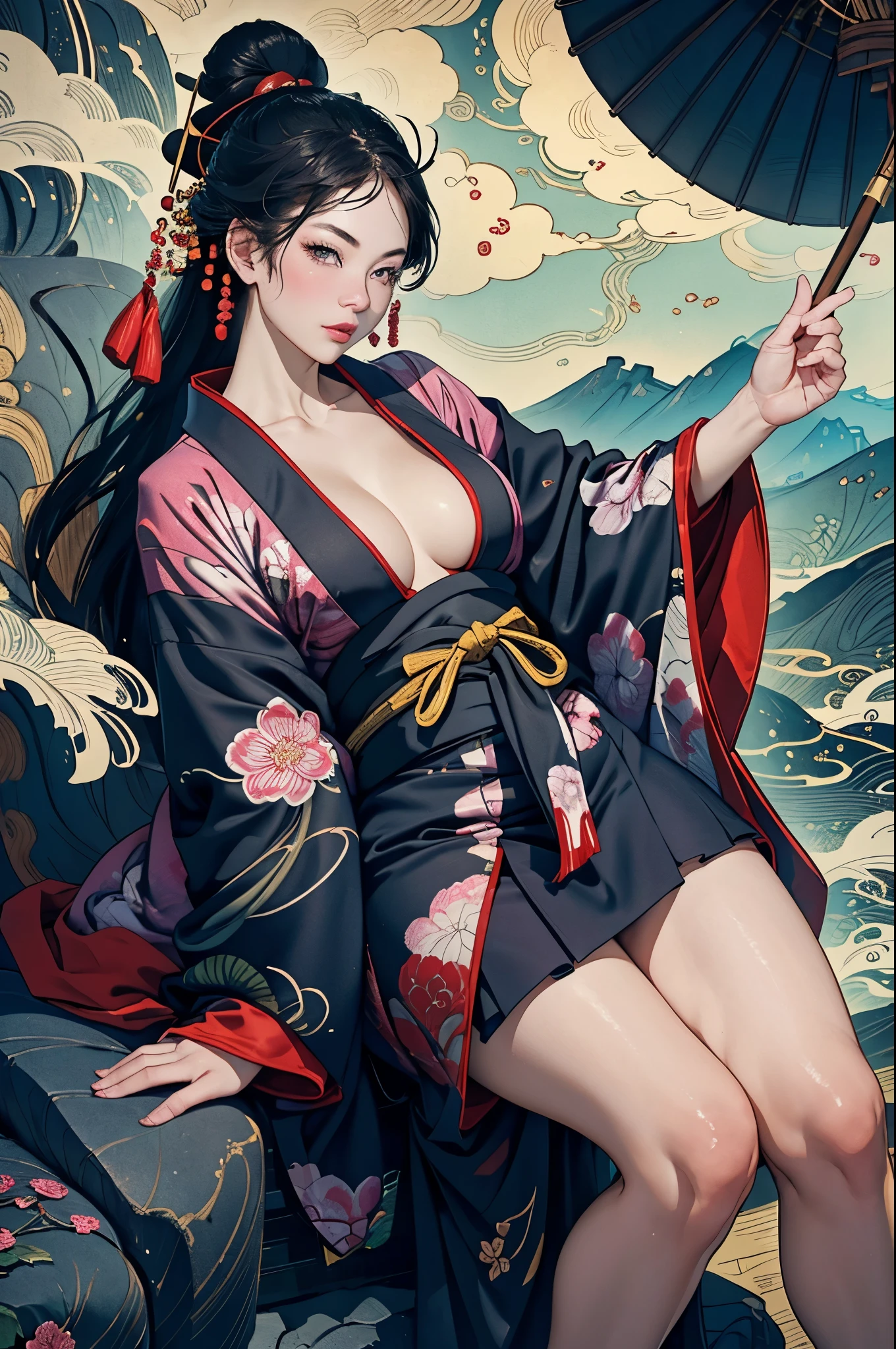 Umalinda warrior y, pretty face, Delicious Company, Alluring figure, Wearing a sexpen kimono. The artwork is created in a medium reminiscent of Japanese ink paintings....., 具有大胆的笔触和Monochromatic color palette. artist&#39;Masterful technique reveals the intensity and power of the image&#39;sense of presence，with the highest quality, Perfectly capture every detail with ultra-high resolution. Textures and intricate patterns on kimonos are rendered with extreme precision. Lighting is carefully designed，Enhance drama, Features deep shadows and subtle highlights. General, The artwork exudes elegance and power, Combining traditional Japanese aesthetics with a modern feel. Monochromatic color palette, Combine details, Create captivating and immersive experiences for your audience.