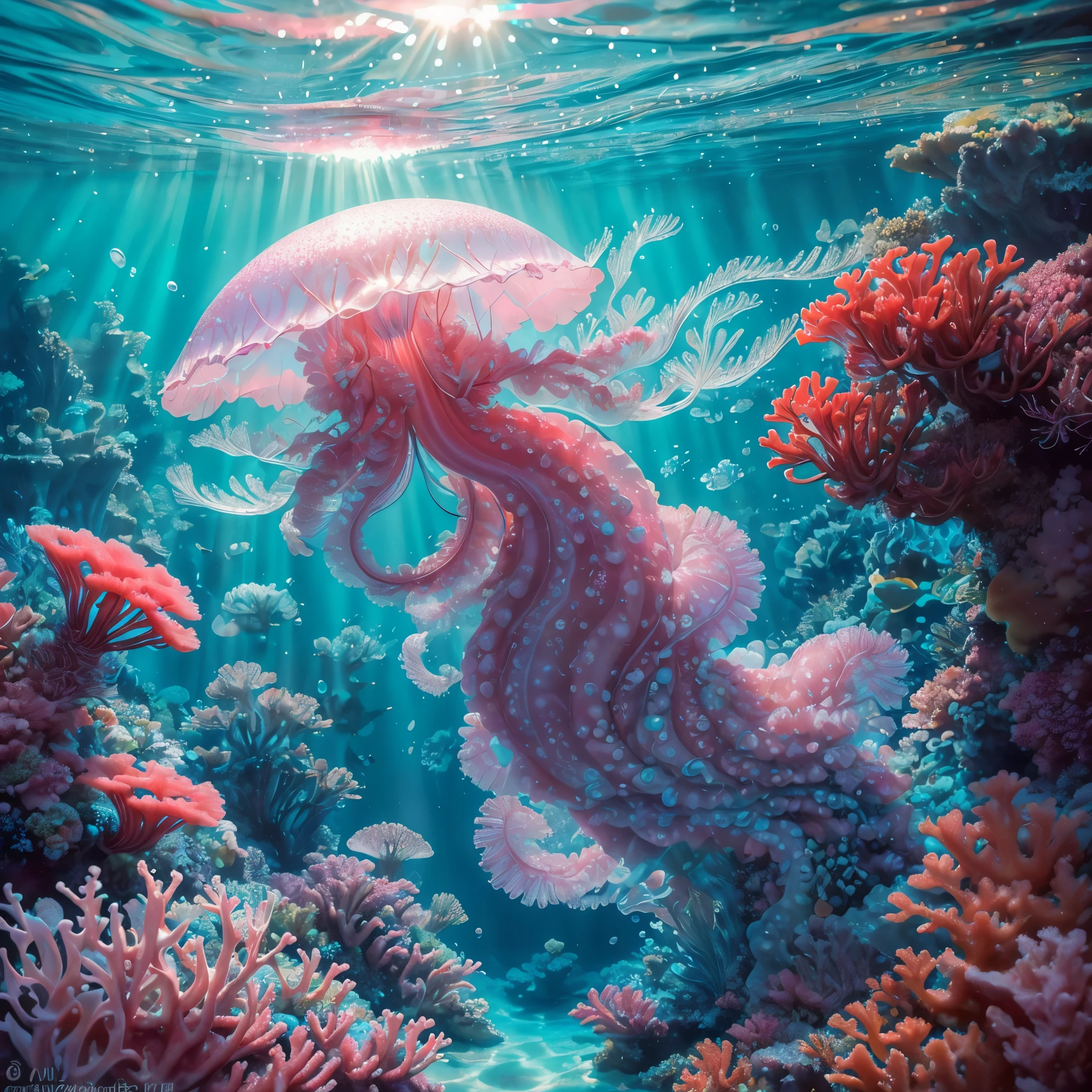 best quality,4k,highres,masterpiece:1.2),ultra-detailed,(realistic,photorealistic,photo-realistic:1.37),a jelly fish,brightly colored,made of jelly,swimming in a soda sea,candy-themed life,shimmering scales,translucent body,delicate tentacles,sparkling eyes,lively motion,iridescent glow,sweet aroma of soda,tasty candy plants,dripping with syrup,mint-flavored corals,bubblegum rocks,magical underwater scene,playful and vibrant atmosphere,whimsical and fantastical,refracted light creating dreamlike patterns,rays of sunlight filtering through the fizzy sea,glimmering reflections on the surface,captivating and surreal journey.