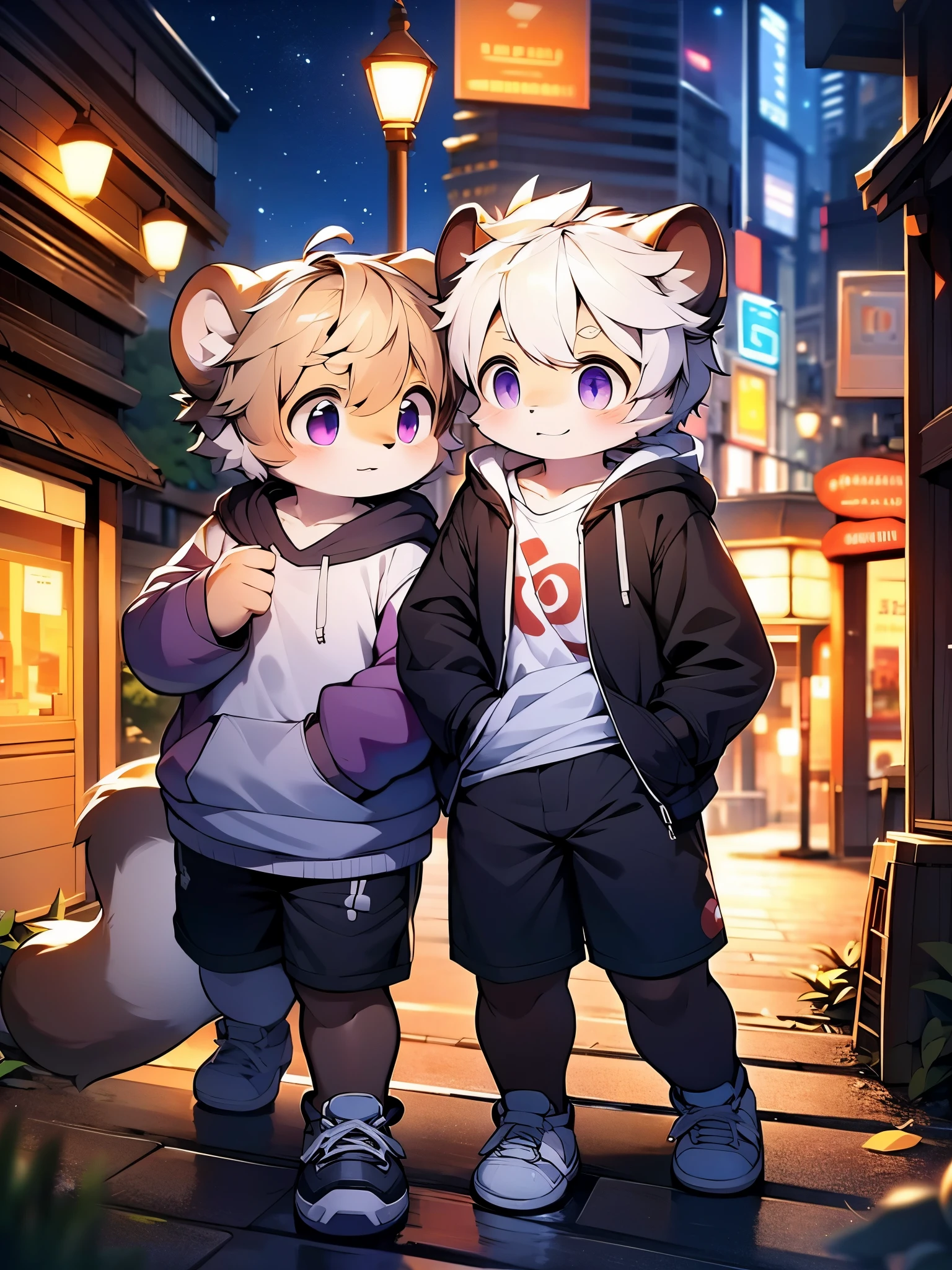 Tanuki，little boy，Lovely，brown and white hair，big purple eyes，There is a blush on the face，Smile，Tail，Hoodie，black shorts，white sneakers，walk，night，City，hands in pockets，bright street light，blue-black stone road，Empty streets，starry sky，shadow，Detailed facial portrayal，Rembrandt light and shadow，Super fine