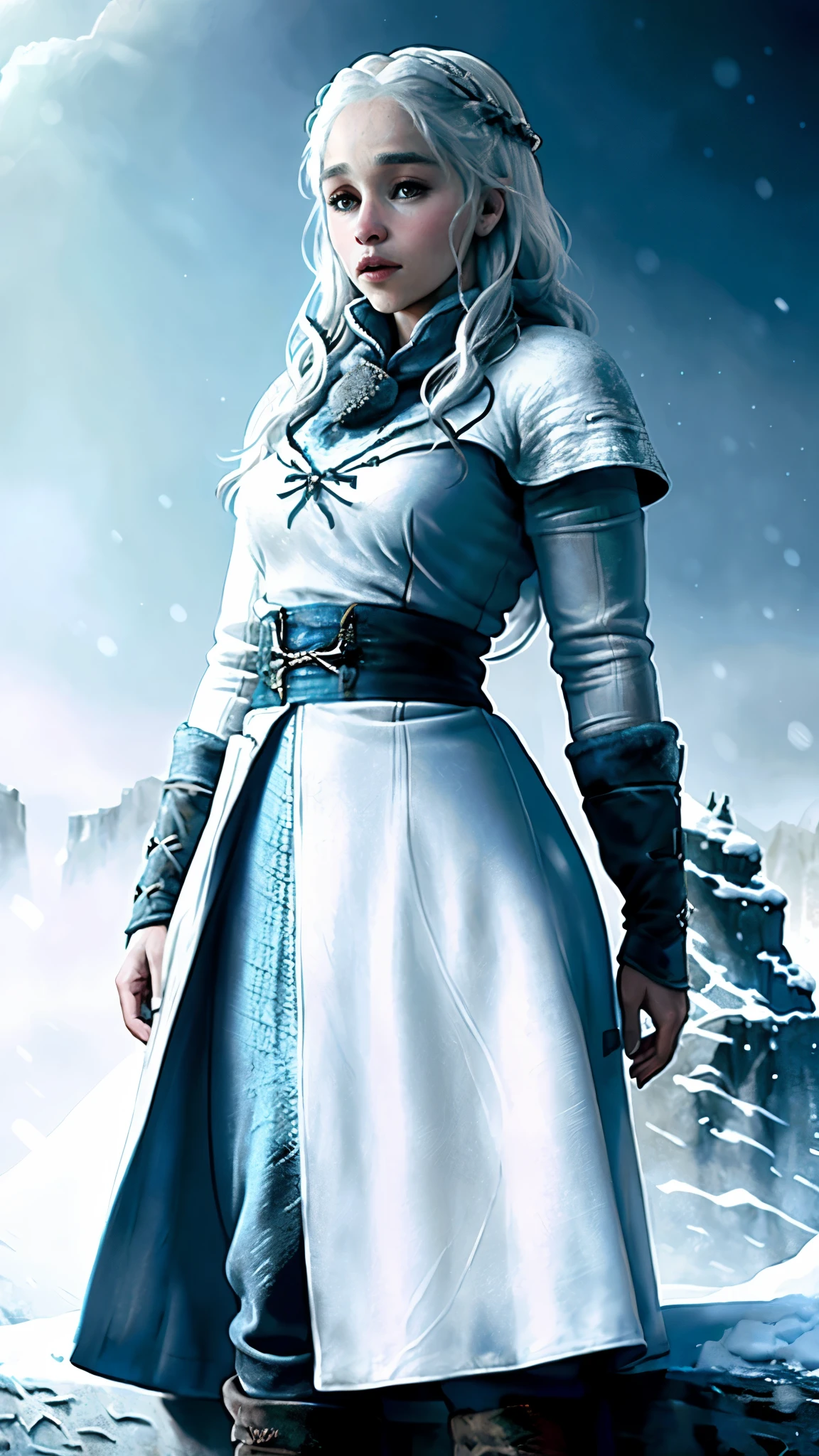 frostpunk, (Emilia Clarke) as Daenerys Targaryen, long white locks, frostpunk long blue coat, standing on the Wall, snow, winter, 1woman, solo, beautiful detailed glow, detailed, cinematic light, intricate detail, realistic, highres, detailed facial features, high detail, sharp focus, smooth, aesthetic, extremely detailed, stamp, octane render