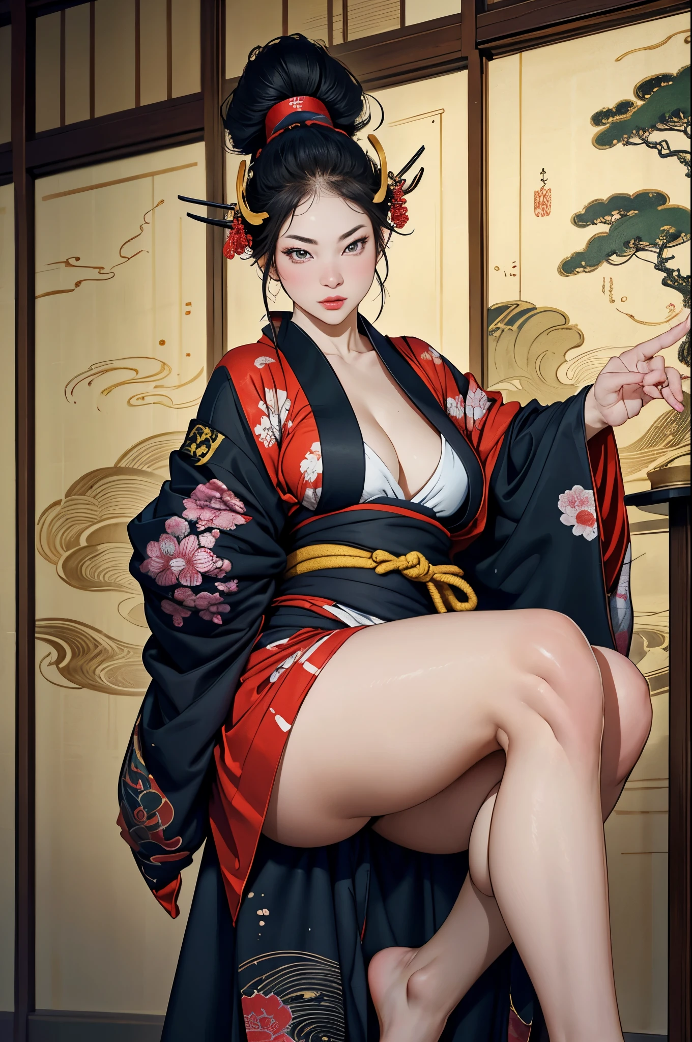 Umalinda warrior sexy, pretty face, Delicious Company, Alluring figure, Wearing a sexy open kimono. The artwork is created in a medium reminiscent of Japanese ink paintings....., 具有大胆的笔触和Monochromatic color palette. artist&#39;Masterful technique reveals the intensity and power of the image&#39;sense of presence，with the highest quality, Perfectly capture every detail with ultra-high resolution. Textures and intricate patterns on kimonos are rendered with extreme precision. Lighting is carefully designed，Enhance drama, Features deep shadows and subtle highlights. General, The artwork exudes elegance and power, Combining traditional Japanese aesthetics with a modern feel. Monochromatic color palette, Combine details, Create captivating and immersive experiences for your audience.