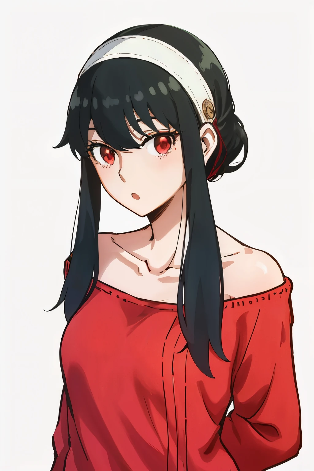 upper body, yor, 1girl, solo, off-shoulder sweater, red sweater, collarbone, black hair, red eyes, black hair, short hair, short hair with long locks, bangs, sidelocks, white hairband, looking at viewer, :o, simple background, arms behind back