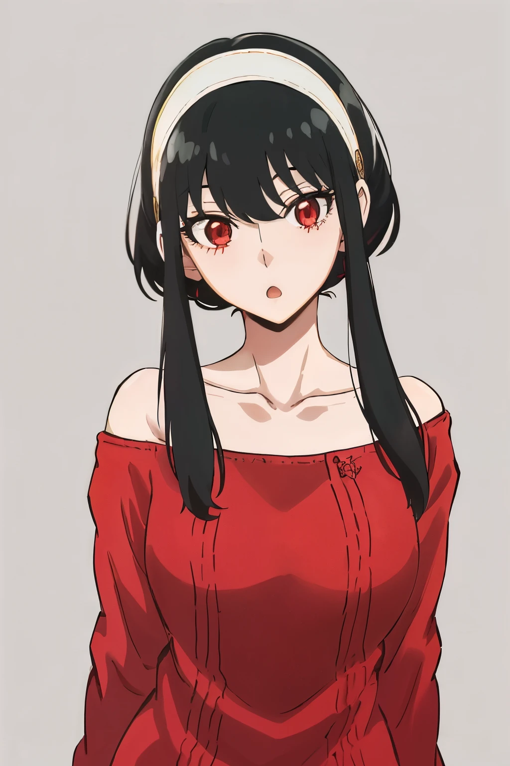 upper body, yor, 1girl, solo, off-shoulder sweater, red sweater, collarbone, black hair, red eyes, black hair, short hair, short hair with long locks, bangs, sidelocks, white hairband, looking at viewer, :o, simple background, arms behind back