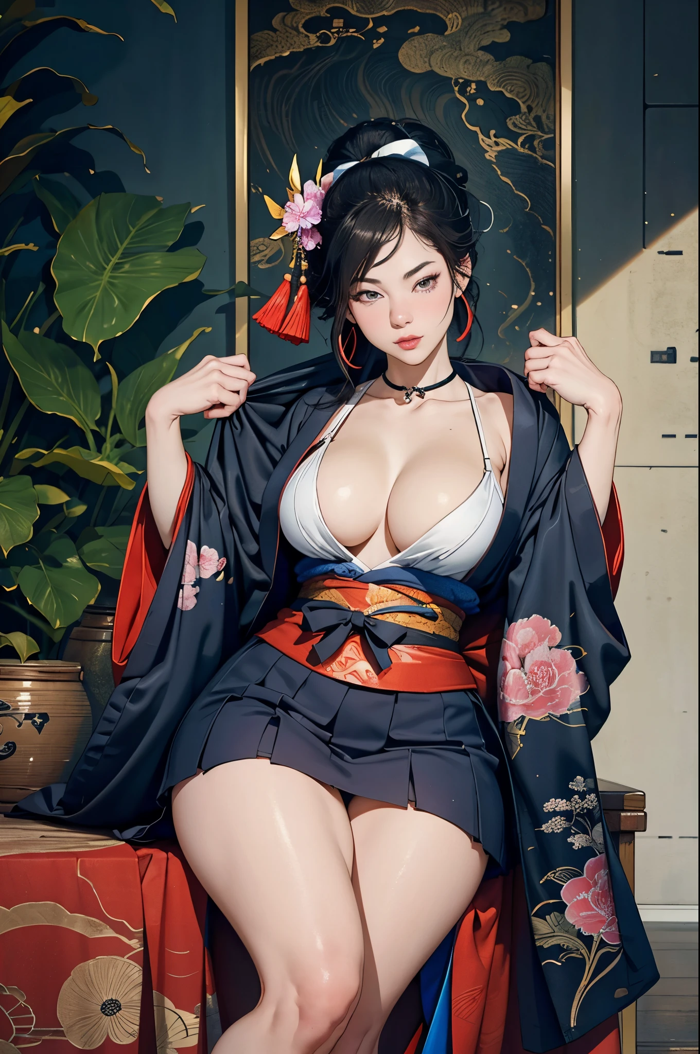 Umalinda warrior sexy, pretty face, Delicious Company, Alluring figure, Wearing a sexy open kimono. The artwork is created in a medium reminiscent of Japanese ink paintings....., 具有大胆的笔触和Monochromatic color palette. artist&#39;Masterful technique reveals the intensity and power of the image&#39;sense of presence，with the highest quality, Perfectly capture every detail with ultra-high resolution. Textures and intricate patterns on kimonos are rendered with extreme precision. Lighting is carefully designed，Enhance drama, Features deep shadows and subtle highlights. General, The artwork exudes elegance and power, Combining traditional Japanese aesthetics with a modern feel. Monochromatic color palette, Combine details, Create captivating and immersive experiences for your audience.