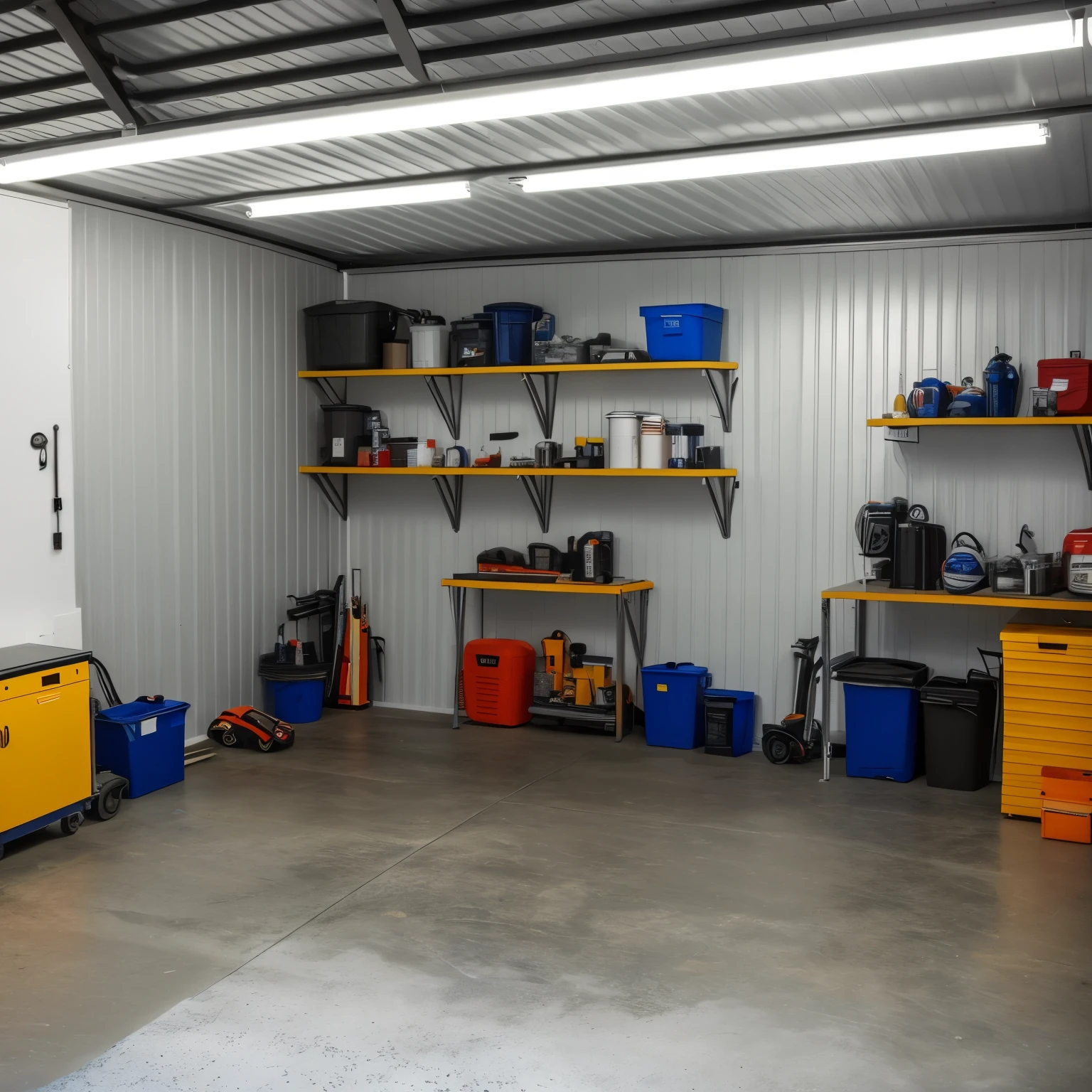 have a room,There's a lot of work in it, inside a shelf, completely filled space, white wall coloured workshop, shelf, garage, Unobscured, standing in his cluttered garage, Accurate and detailed, cold storage facilities, in the workshop, indoor picture, car garage, Regular build, 1 6 x 1 6, 3 / 4 wide angle lens