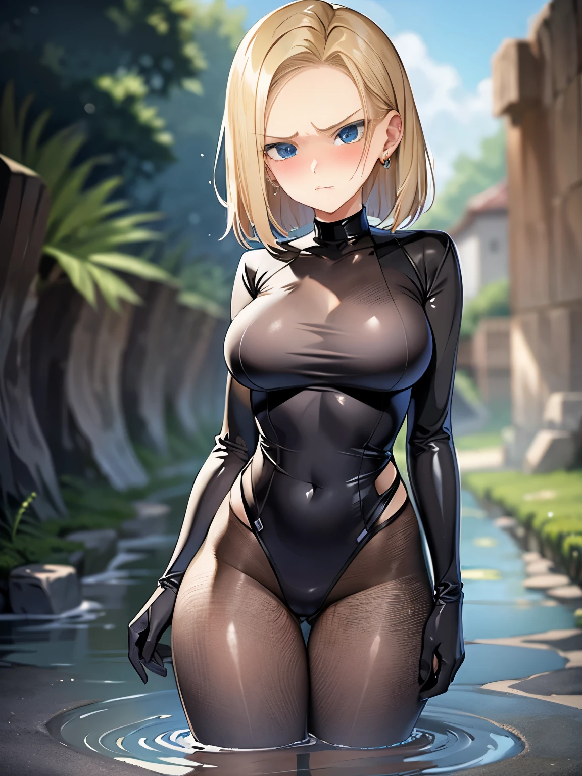 highest quality, High resolution, AND18, 1 girl, android 18, alone, blonde hair, blue eyes, short hair,earrings,big breasts, frown,blush, Sweat,Black tight suit,streak,I put my hands on my hips.,looking at the viewer。Bottomless swamp,the sky is cloudy,The water surface is black and murky,It&#39;s raining,