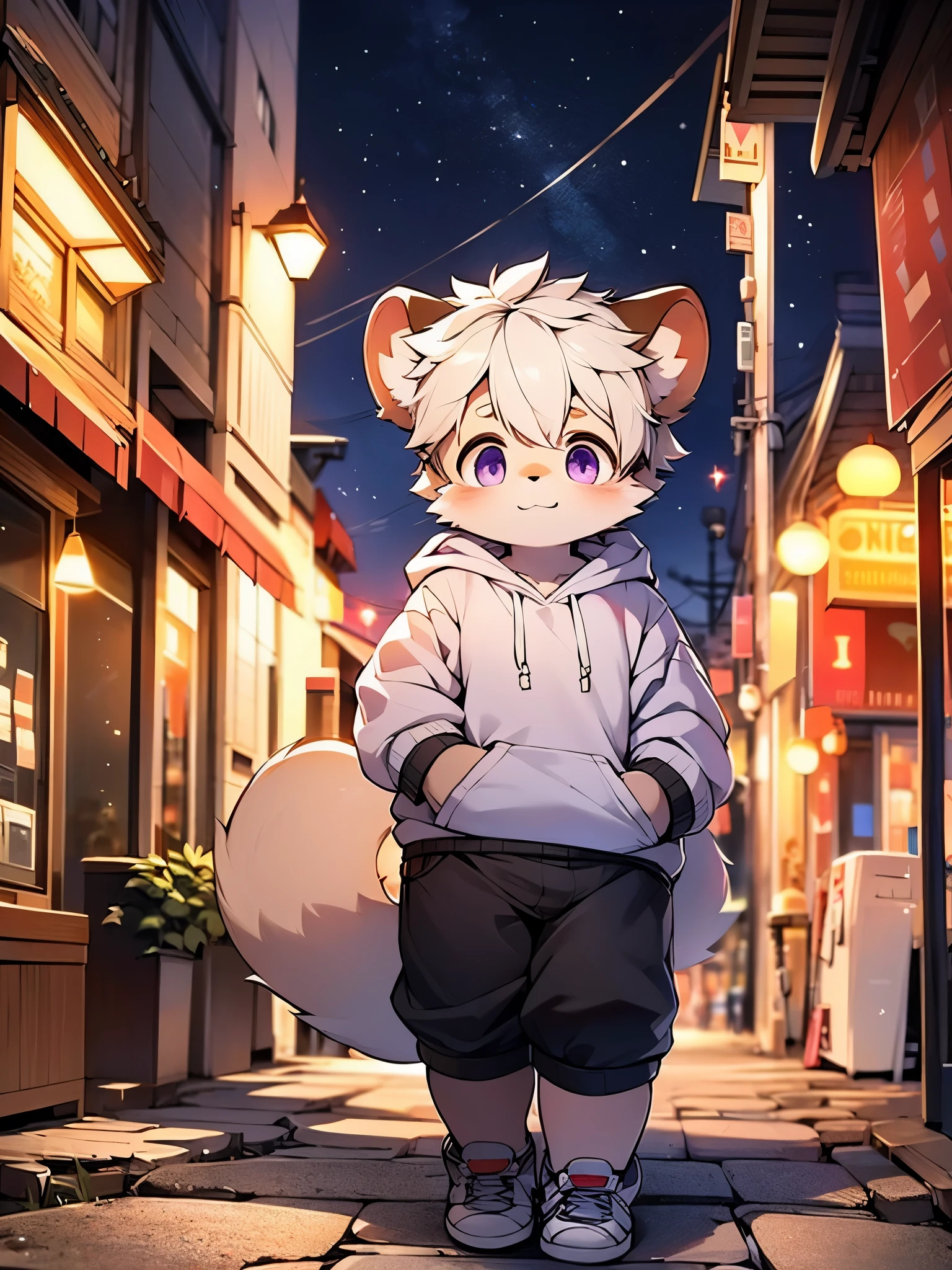 Tanuki，**********，Lovely，solo，brown and white hair，big purple eyes，There is a blush on the face，Smile，Tail，Hoodie，black shorts，white sneakers，walk，night，City，hands in pockets，bright street light，blue-black stone road，Empty streets，starry sky，shadow，Detailed facial portrayal，Rembrandt light and shadow，Super fine