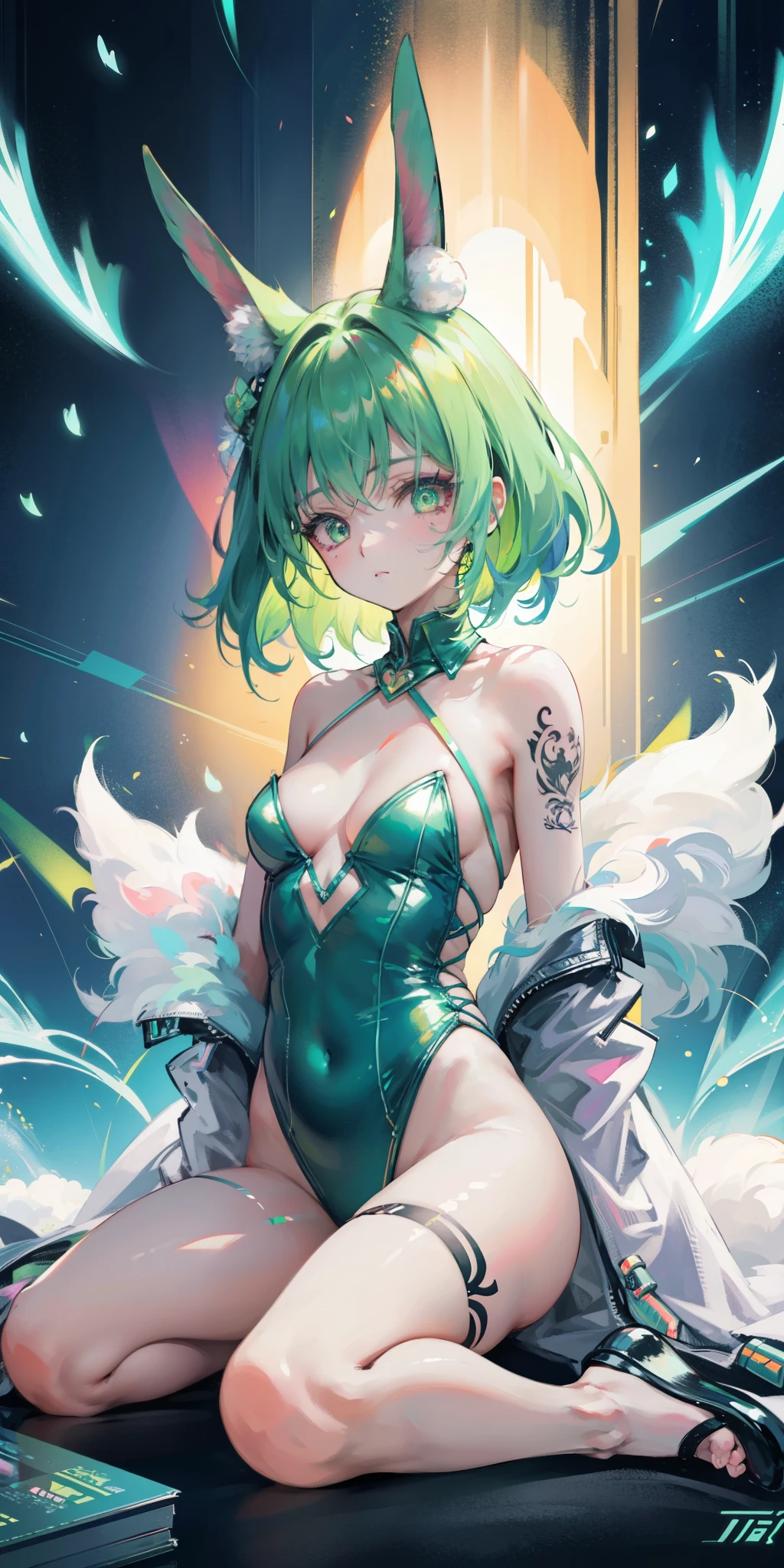 Rabbit technique , science fiction, fluffy ,
1 girl, tattoo, 发光tattoo, glowing eyes, Colorful glowing hair , (Full body female love), green hair,
Kavitek, pastel colors, kawaii, cutecolors,