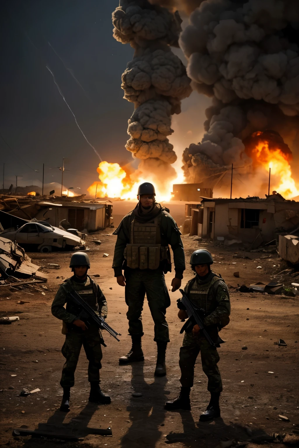 (a lot of destruction around,brave men fighting in a war),oil painting,highly detailed soldiers,smoke and dust filling the air,dynamic and intense battle scene,a mix of ruins and burning buildings,shattered debris flying everywhere,crumbling walls and fallen structures,war-torn landscape,heavy artillery and gunfire,combat uniforms,shells exploding,emphasize the chaos and devastation,expertly rendered soldiers in action,accurate portrayal of weapons and equipment,dramatic lighting,high contrast between light and shadow,historical war painting,stark and intense color palette