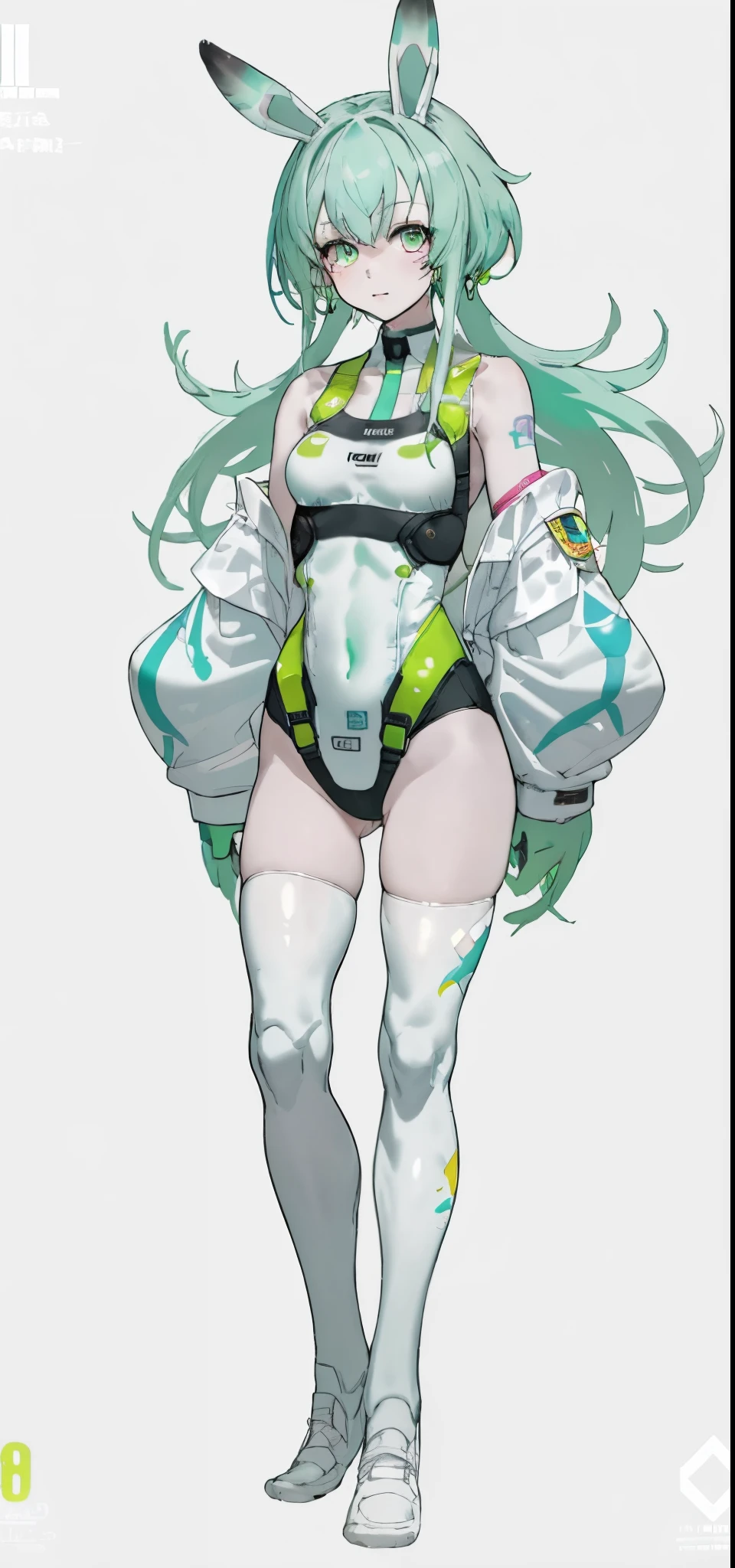 Rabbit technique , science fiction, fluffy , 1 girl, tattoo, 发光tattoo, glowing eyes, Colorful glowing hair , （Full body female love）, green hair, Kavitek, pastel colors, kawaii, cutecolors,White knee-high socks，no shoes，Deep V one-piece swimsuit