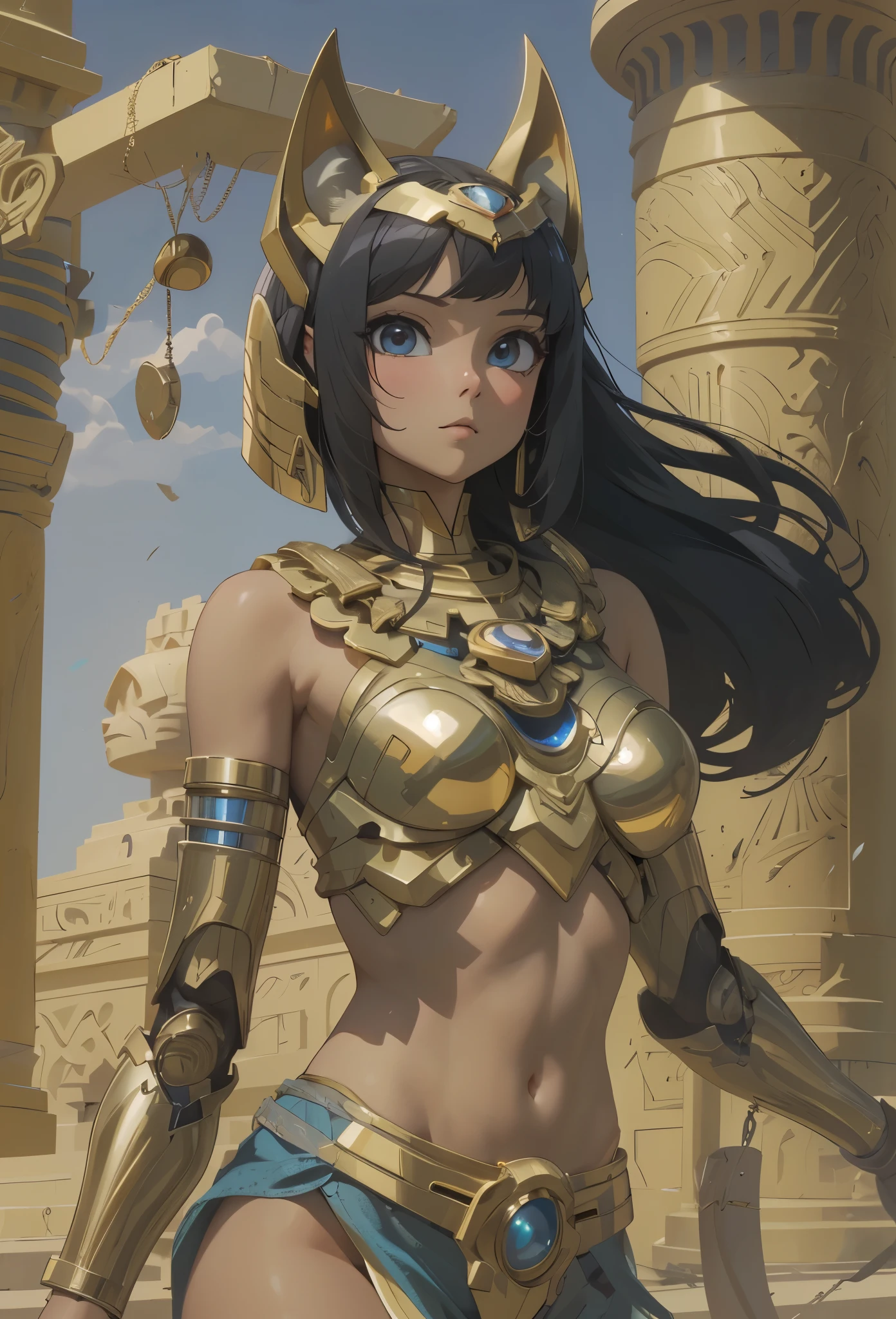 ((Highly accurate drawing in every detail)Extremely precise depiction)[High resolution],(detailed illustrations,とてもfineで緻密な描画,Delicate drawn lines with tempo,Realistic texture expression),[color traced main line],[ruins background [ancient egypt]],HENTAI (ANIME Girl (beautiful) ) cyborg [(tanned skin) [Shiny black hair]],((Bastet) Beautifully decorated golden cybernetic armor) ([complex decorative processing] [elegant],gorgeous golden luster (polished reflective luster)) [Gorgeous and luxurious],gravure,[Ohparts Lost Technology [hieroglyph]],(複雑でbeautiful装飾 [Dense detail]),(きめ細やかでbeautiful肌表現 [transparency]),((Precisely drawn eyes))[完璧な目のdetailed((宝石のようなbeautiful瞳)Iris drawn in precise detail)[clearly drawn pupils]],[eye light[Pinpoint lighting for the eyes]],[長くてbeautiful睫毛],[precisely drawn hair [美しく艷やかな髪のdetailed]],(完璧な手のdetailed [破綻のないbeautiful指 [beautiful nails]]),(perfect anatomy(perfectly balanced proportions))[[full body portrait]],[[Highly constructed design]][ideal color coordination(Accurate simulation of light and material interactions)],([precision detail](detailed,高fine)),[Visual art that tells a story],((highest quality)fine[[High density drawing]])(4K quality).