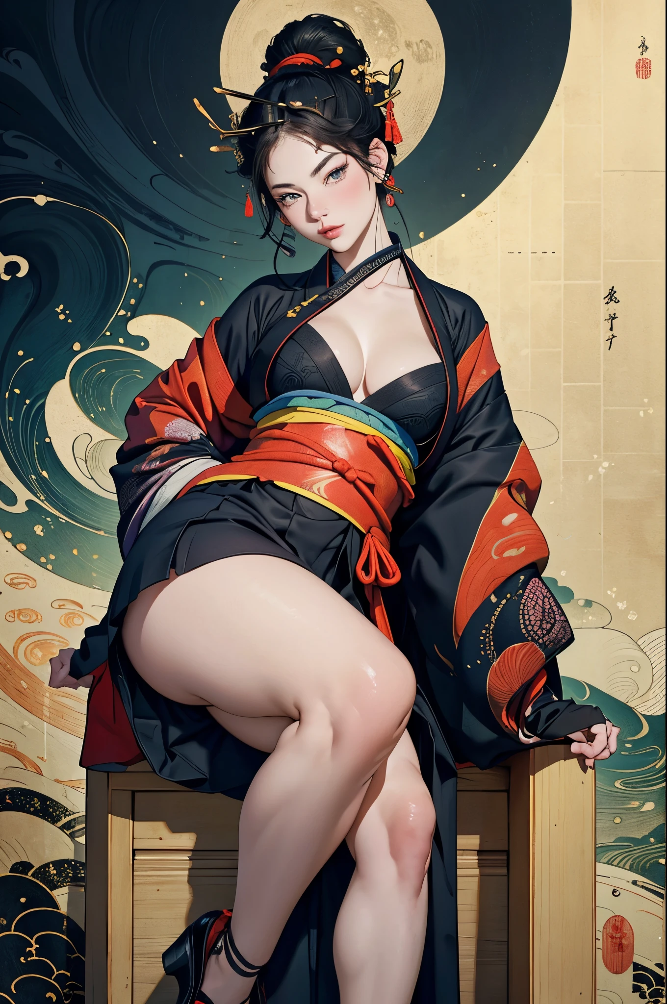 Umalinda warrior sexy, pretty face, Delicious Company, Alluring figure, Wearing a sexy open kimono. The artwork is created in a medium reminiscent of Japanese ink paintings....., 具有大胆的笔触和Monochromatic color palette. artist'Masterful technique reveals the intensity and power of the image'sense of presence,with the highest quality, Perfectly capture every detail with ultra-high resolution. Textures and intricate patterns on kimonos are rendered with extreme precision. Lighting is carefully designed,Enhance drama, Features deep shadows and subtle highlights. General, The artwork exudes elegance and power, Combining traditional Japanese aesthetics with a modern feel. Monochromatic color palette, Combine details, Create captivating and immersive experiences for your audience.
