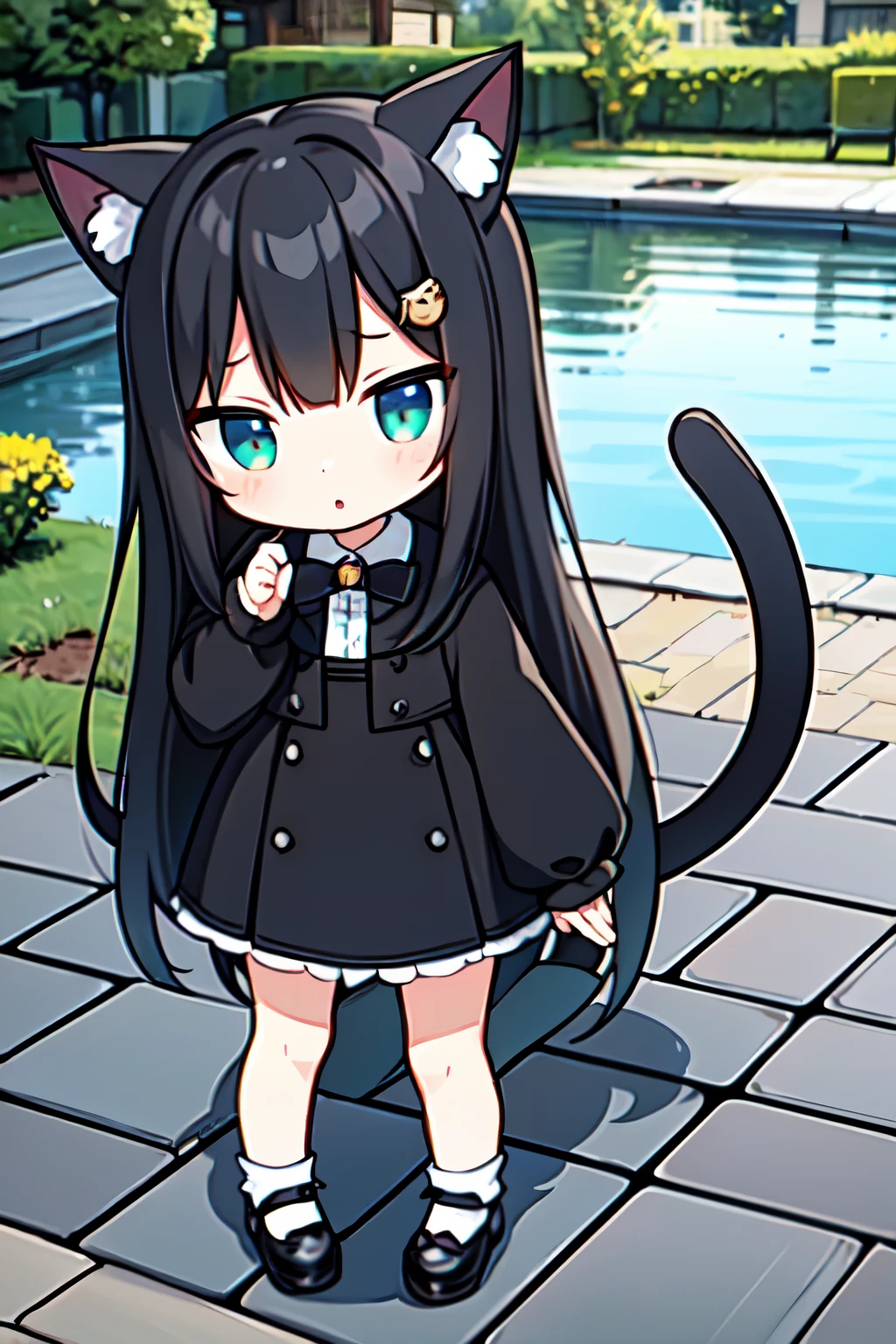 (In 8K, best quality, muste piece:1.2)、ultra high resolution、chibi,whole body,1 cute girl,black cat ears,black hair,cute eyes,blue glare,Pastel Goth fashion,black cat tail,black platform pumps with rounded tips,white loose socks,surprised,professional writing,detailed hand fingers,standing outside the koi pond