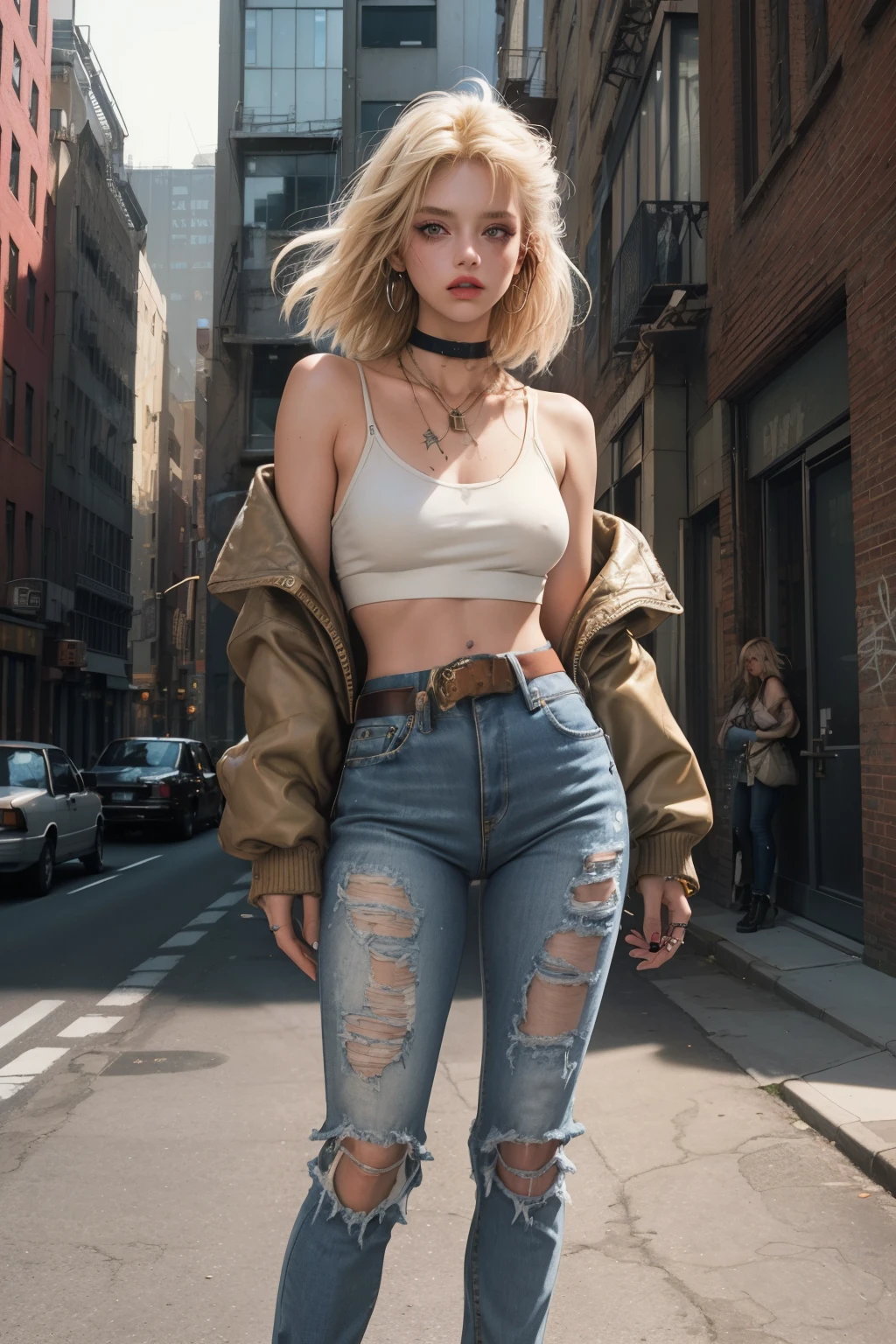 (Masterpiece, Best Quality, 1990s Manhattan, Grunge Fashion, Street-style Photography), A confident woman, Golden blonde hair in 90s bob, 90s grunge fashion embodied, Leaning against a sleek silver high-rise building, Radiating an aura of nonchalant rebellion, Ultra-detailed facial features, Distinctive makeup, Contrast collarbone against the fabric of her worn-out sweater, Distinct grunge fashion elements: ripped jeans, Doc Martens, low-rise waist, Thumb hooked in the waistband of her jeans, Graffiti-covered walls, Brick buildings, Neon