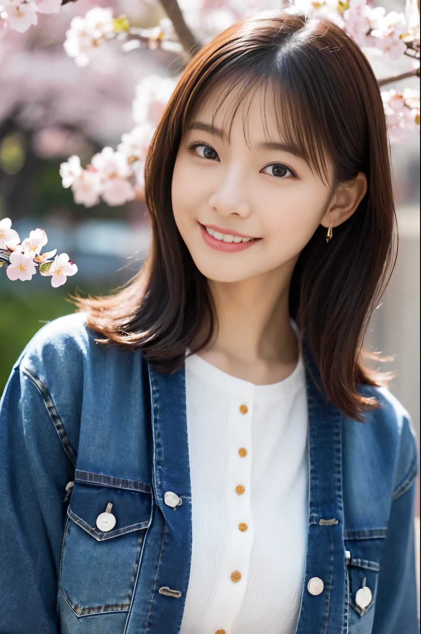1 girl, (cardigan、jeans:1.2), beautiful japanese actress, (RAW photo, highest quality), (realistic, Photoreal:1.4), masterpiece, very delicate and beautiful, very detailed, 2k wallpaper, wonderful, finely, very detailed CG Unity 8K 壁紙, Super detailed, High resolution, soft light, beautiful detailed girl, very detailed目と顔, beautifully detailed nose, beautiful and detailed eyes, Cherry Blossom、looking up at the cherry blossom tree、perfect anatomy, slender body, smile
, landmine girl,landmine-type girl, unpredictable girl,edgy girl,