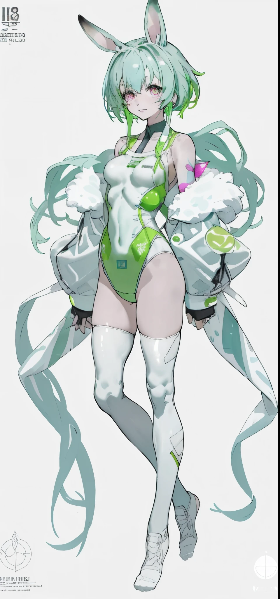 Rabbit technique , science fiction, fluffy , 1 girl, tattoo, 发光tattoo, glowing eyes, Colorful glowing hair , (Full body female love), green hair, Kavitek, pastel colors, kawaii, cutecolors,White knee-high socks,no shoes,Deep V one-piece swimsuit