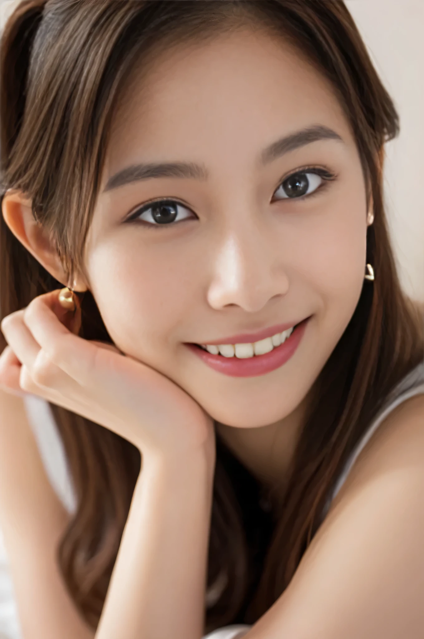 masterpiece,best quality,(Japanese ),((Beautiful girl)),cleavage,indoor,(perfect body beauty:1.2),(shy smile),beautiful teeth,