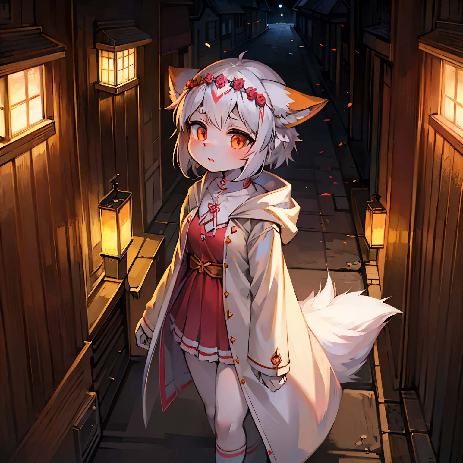 fox girl，female focus ，Furry women，Furry loli，Characteristics of a three-year-old girl，yandere，white hair，white skin，Wearing a garland，coat，short skirt