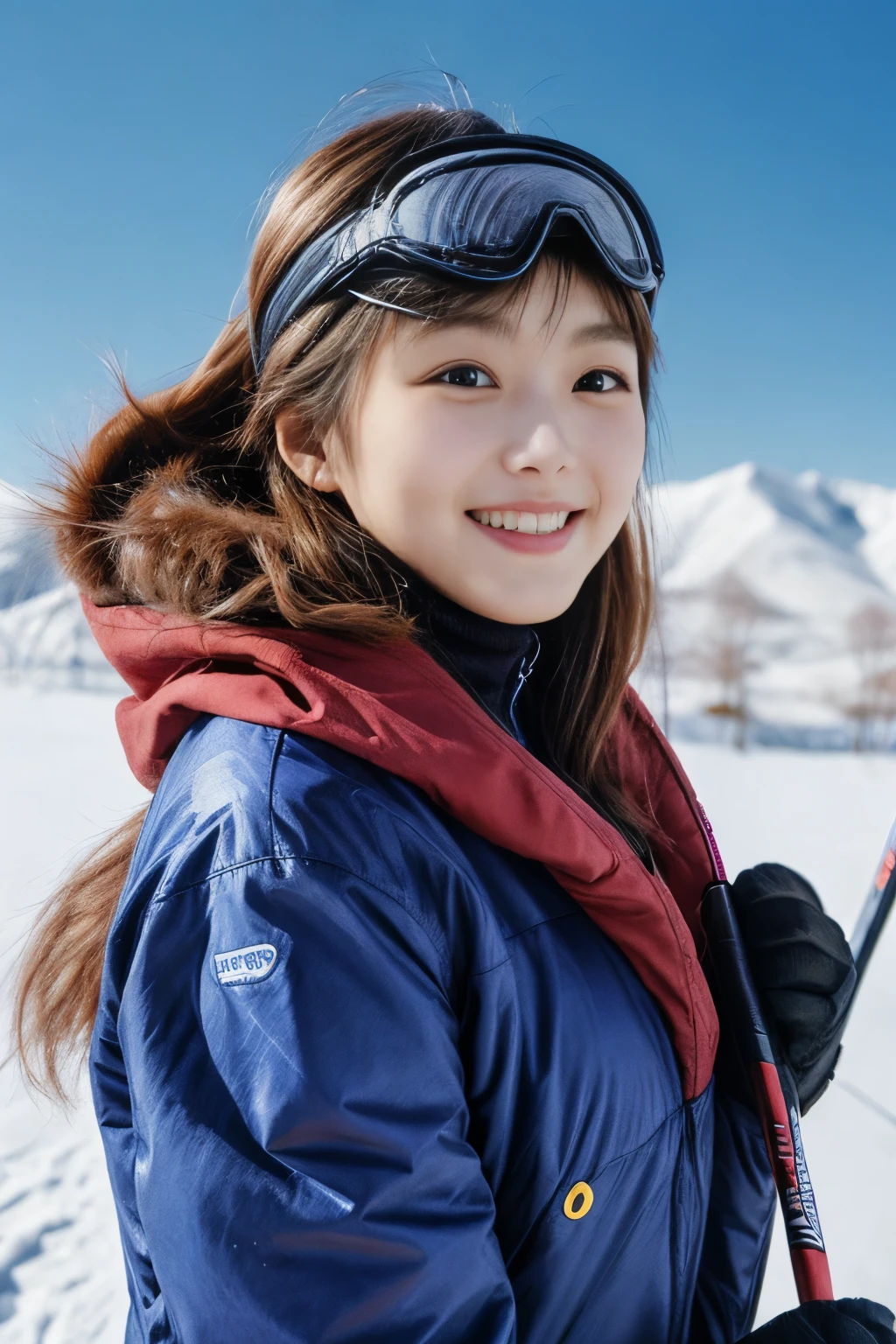 masterpiece、4k、highest quality、beautiful korean woman、Detailed description、1 girl、23 years old、(ski wear)、(to ski:1.1)、(movie, Ilford HP5, 80mm)、 Depth of the bounds written、cowboy shot、smile