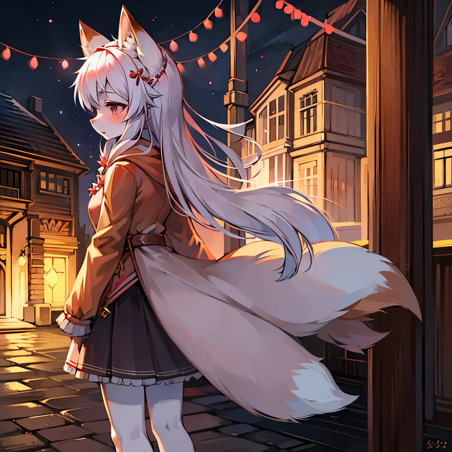 fox girl,female focus ,Furry women,Furry loli,Characteristics of a three-year-old girl,yandere,white hair,white skin,Wearing a garland,coat,short skirt