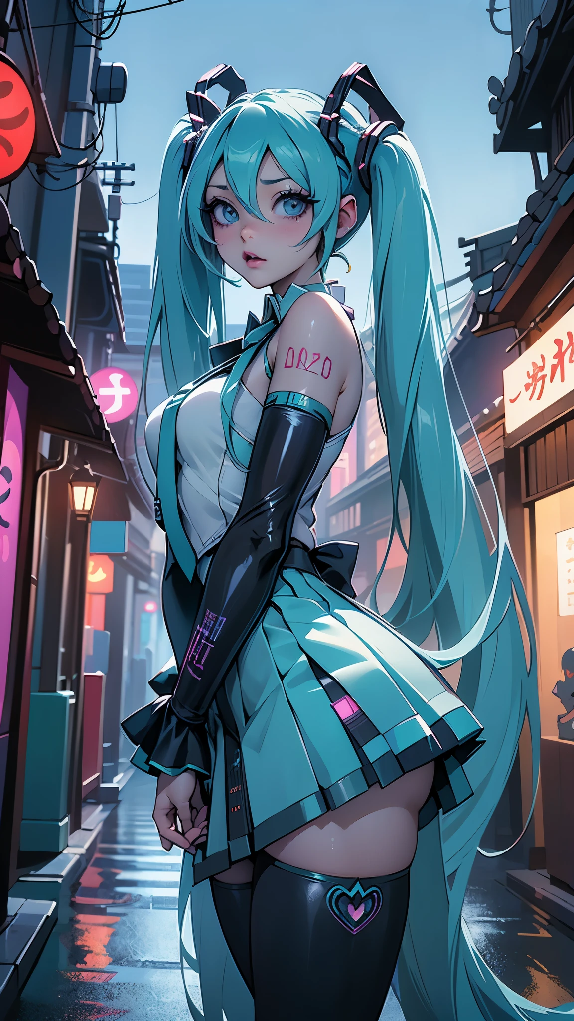 (La mejor calidad,A high resolution,Ultra - detallado,actual),Ariana Grande, chica anime cosplay, anime cosplay, (Hatsune MikuCosplay:1.4) , foto de cosplay, dos colas blancas_guantes, cosplay, lindo anime waifu con un bonito vestido, chica anime con pelo largo, Diosa del anime, cosplay elegante y glamoroso, chica anime disfrazada de sirvientaMore detailed 8K.motor irreal:1.4,UHD,La mejor calidad:1.4, fotorrealista:1.4, textura de la piel:1.4, obra maestra:1.8,obra-prima, mejor calidad,objeto Objeto], (detailed face features:1.3),(Las proporciones correctas),(Ojos hermosos azules),  (pose vaquero), ,( ciberpunk 2.1), (vestuario kawaii :1.4), (dedos detailed :1.4), (perfect anatomy), (tokyo night alley background:1.4) 