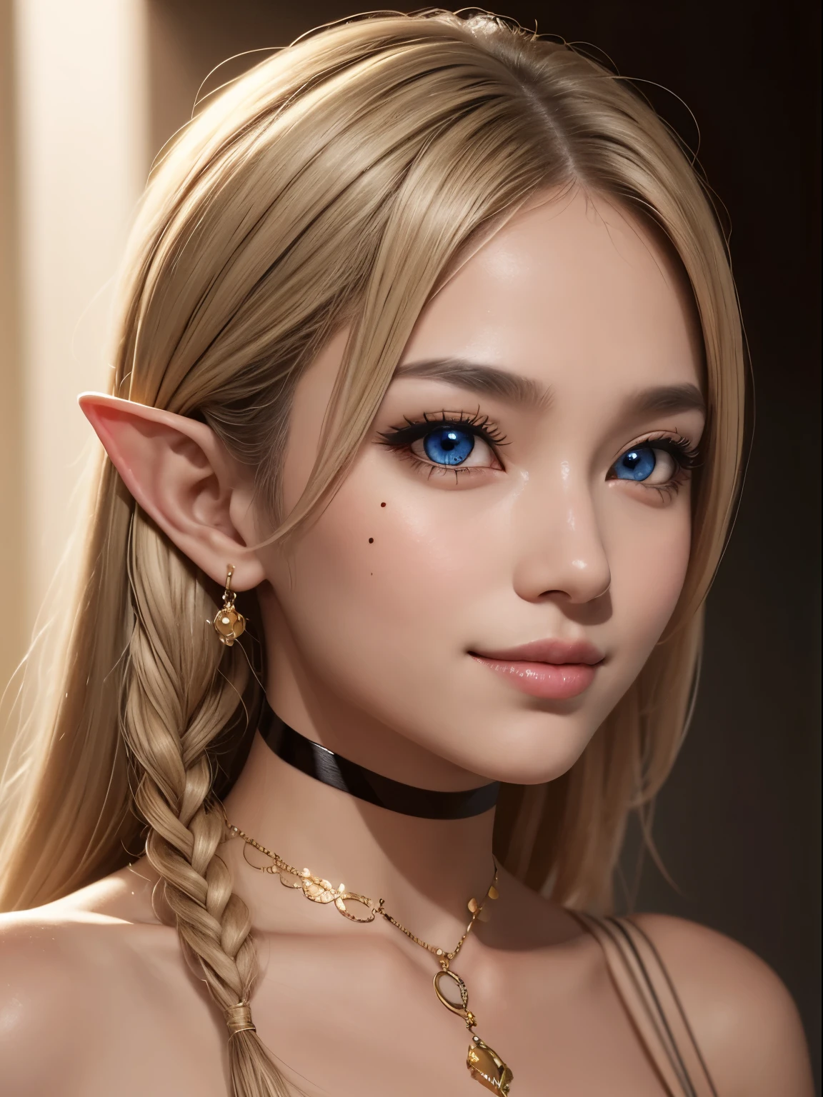 (((best quality))), (((masterpiece))), (((ultra-detailed))), highres, an extremely delicate and beautiful, beautiful detailed eyes, detailed art style, intricate, 8k,((detailed nose)), ((detailed mouth)), ((detailed skin)),((perfect face)), ((ultra-detailed face)), beautiful lips,((detailed shadows)), 1girl, large breasts, milf, mature female, (glossy skin:1.5), blush,(detailed skin), ((oily skin:1.4)),cool undertones, tattoos, elf ears, pointy ears, elf, medium hair, white hair, braid, bangs, green eyes, hair covering one eye, glowing eyes, wearing an ornate gold headband, necklace, hair ornament, accessories, choker, mole under eye, heart shaped eyes, heart eyes, expressive eyes, ((gradient eyes)), ((extremely detailed and delicate outfit)),smile, happy face, open mouth, highly detailed background, (detailed light), volumetric lighting, light entering iris, (((illustration))), dynamic angle, depth of field, dynamic pose, detailed shading, beautiful detailed shading, cinematic shading, beautiful detailed lighting, cinematic lighting, luminance,((high saturation)), (realistic:0.3), (chromatic aberration:0.3),