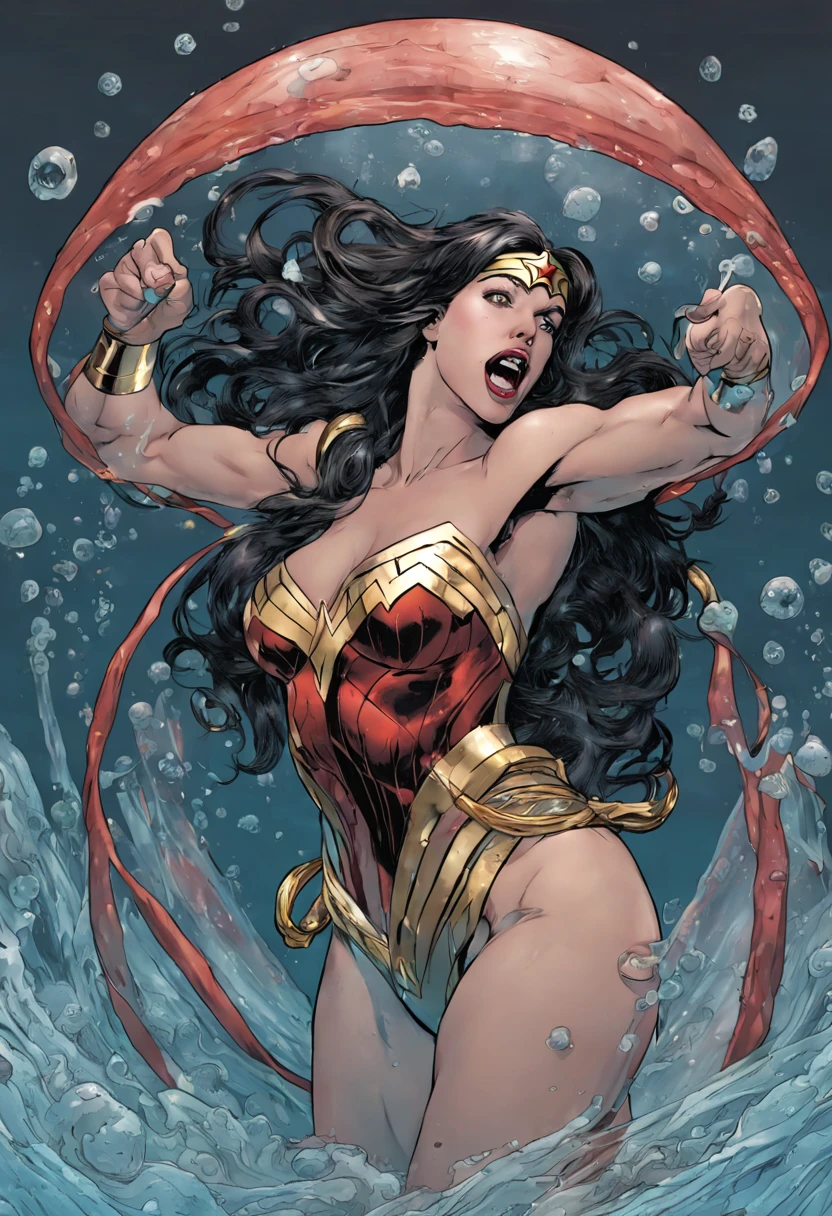 Wonder Woman from DC comics has been cursed, transformed into a jellyfish. She is horrified and studying her new body while she floats underwater