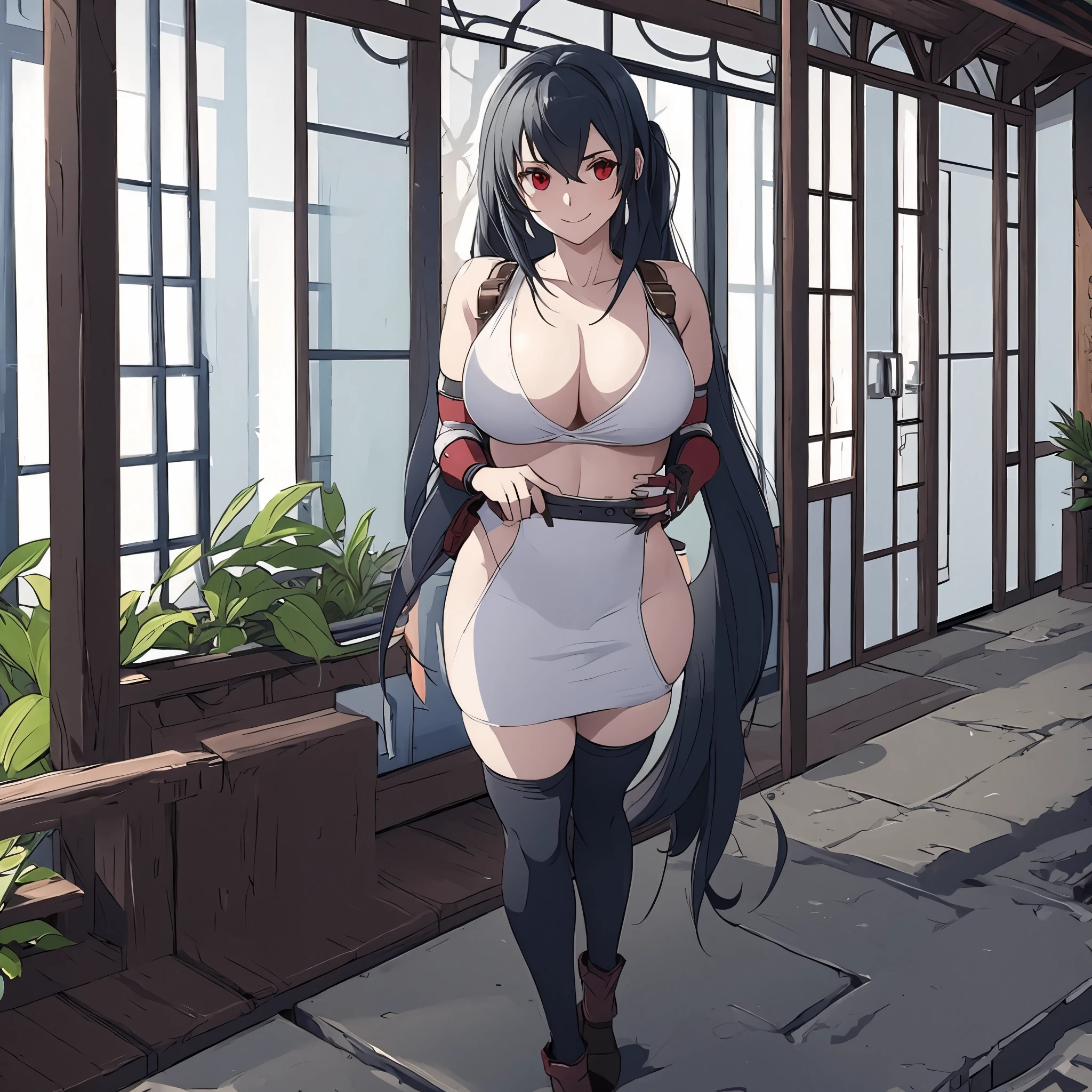 a woman wearing a Tifa Lockhart outfit, on a porch of a house, smiles, eye red
