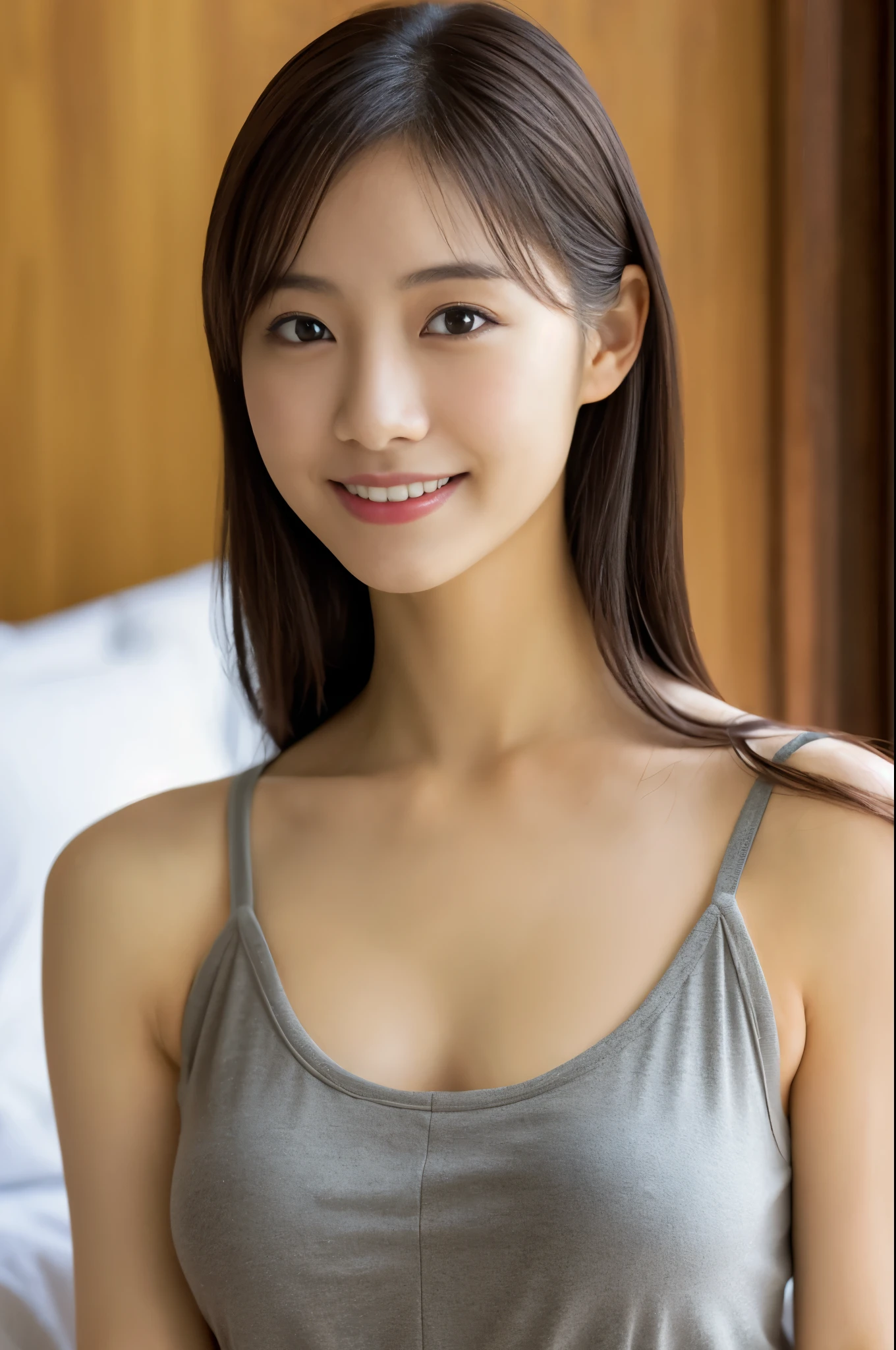 1 girl, (Tank top、nipple protrusion:1.2), beautiful japanese actress, (RAW photo, highest quality), (realistic, Photoreal:1.4), masterpiece, very delicate and beautiful, very detailed, 2k wallpaper, wonderful, finely, very detailed CG Unity 8K 壁紙, Super detailed, High resolution, soft light, beautiful detailed girl, very detailed目と顔, beautifully detailed nose, beautiful and detailed eyes, （sitting on the bed）、（calling on a mobile phone）、perfect anatomy, slender body, smile