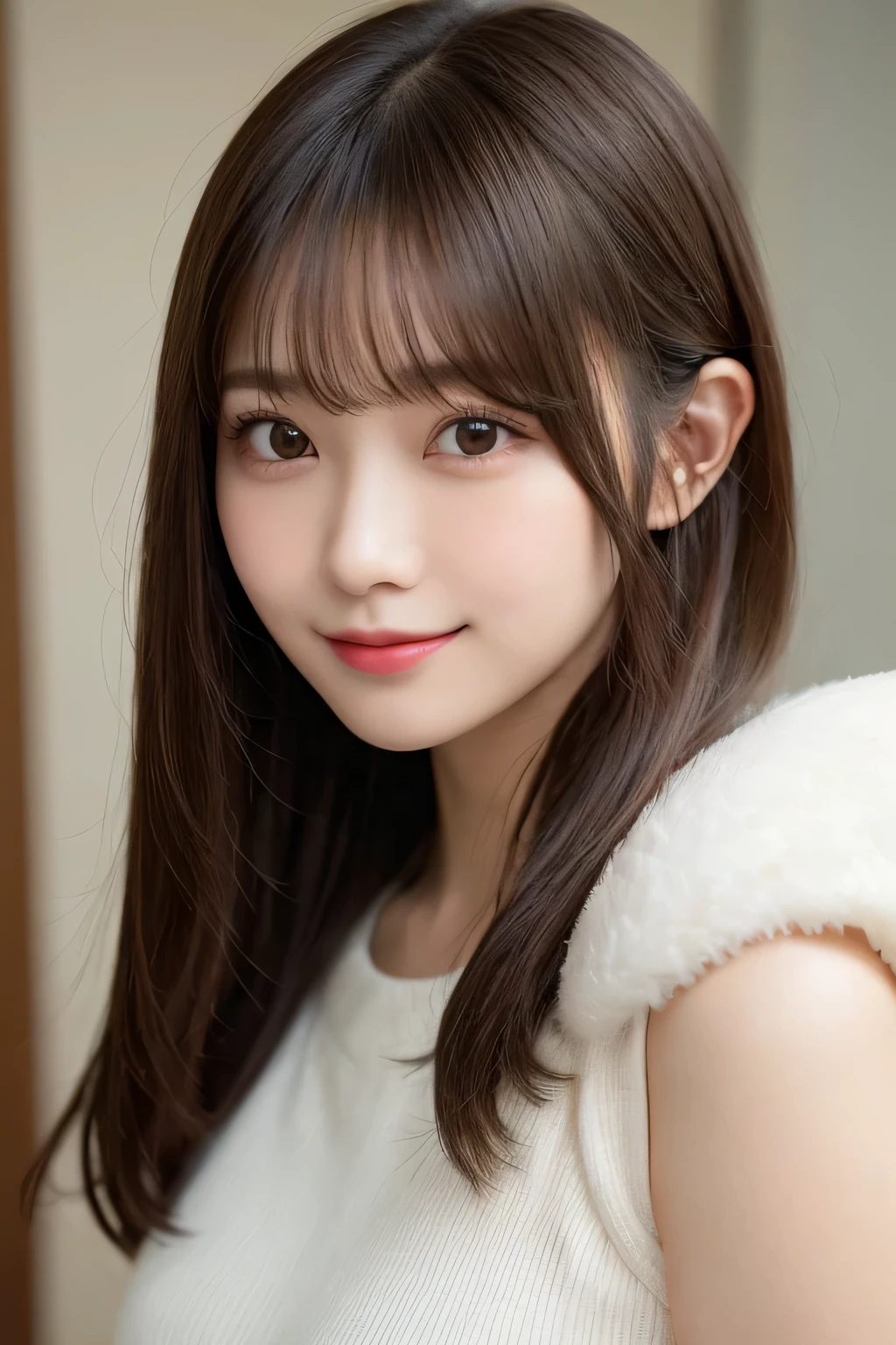 table top, highest quality, shape, Super detailed, finely, High resolution, 16k, perfect dynamic composition, straight hair, medium hair, brown hair,natural color lip, smile, 20歳のgirl、cute、beautiful、完璧でbeautiful顔, beautiful and detailed face, slim face and body, Elegant face, KPOP idol face、Japanese idol faces、small face、Big eyes, brown eyes, droopy eyes, 緻密でbeautiful目, girl,