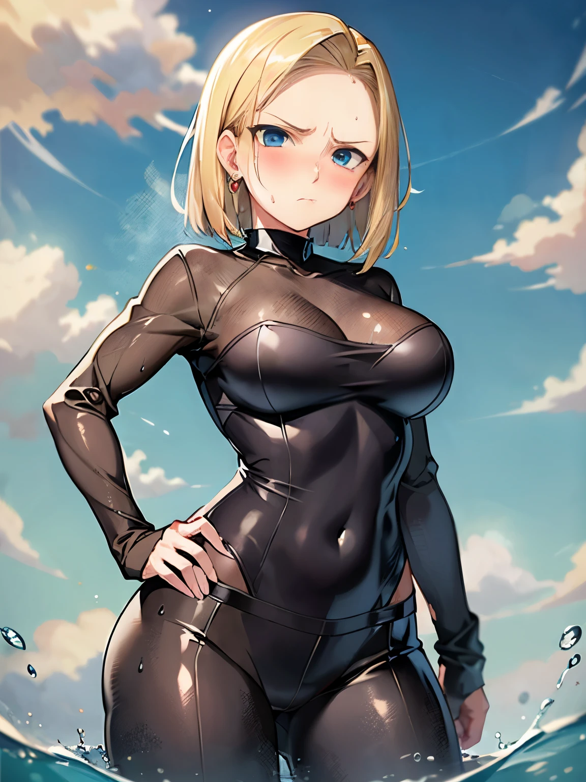 highest quality, High resolution, AND18, 1 girl, android 18, alone, blonde hair, blue eyes, short hair,earrings,big breasts, frown,blush, Sweat,Black tight suit,streak,I put my hands on my hips.,looking at the viewer。Bottomless swamp,the sky is cloudy,The water surface is black and murky,It&#39;s raining,