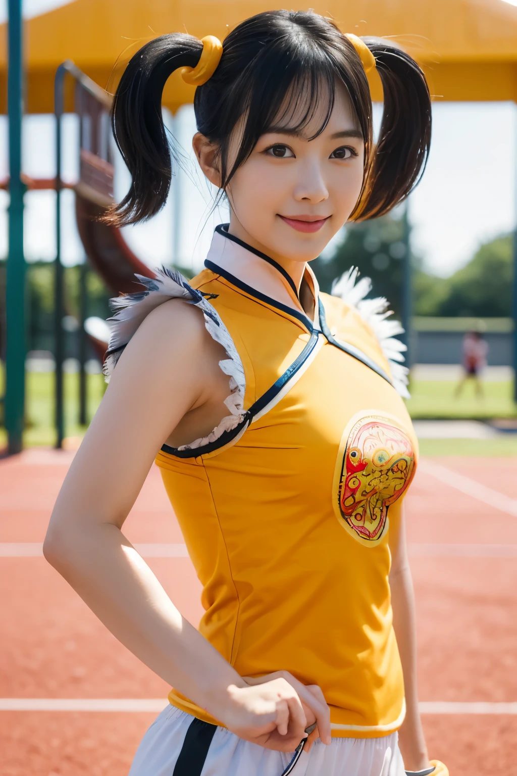 (masterpiece, highest quality:1.2), alone, 1 girl, Upper body,Lin Xiaoyu, slight smile, combat readiness, twin tails, Chinese service, Orange Cheongsam, white shorts, No sleeve, jewelry, bracelet,schoolyard,playground,courtyard