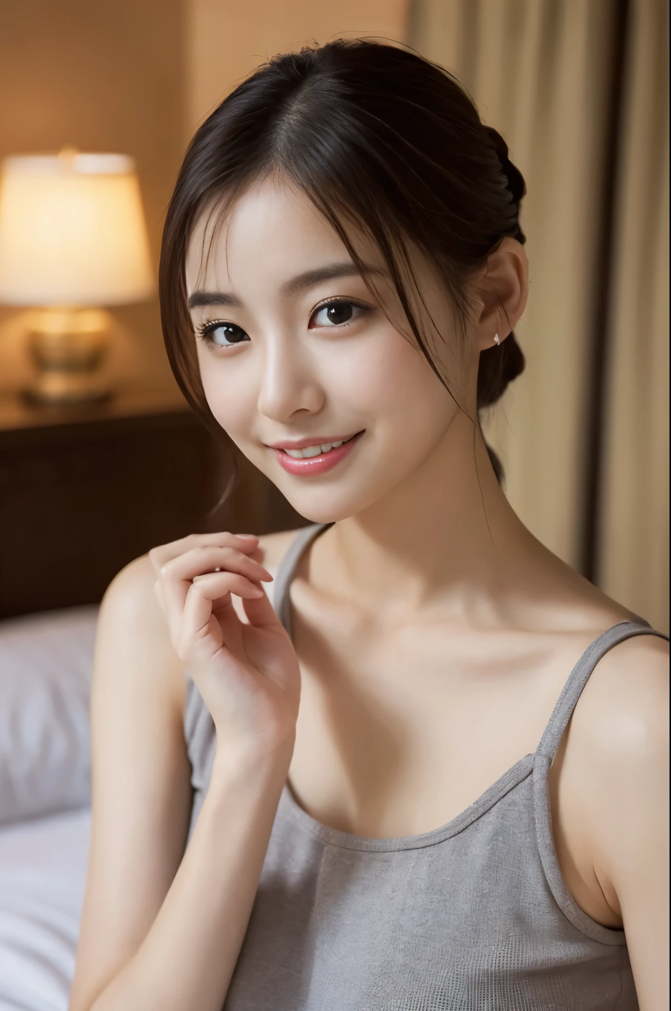 1 girl, (Tank top、nipple protrusion:1.2), beautiful japanese actress, (RAW photo, highest quality), (realistic, Photoreal:1.4), masterpiece, very delicate and beautiful, very detailed, 2k wallpaper, wonderful, finely, very detailed CG Unity 8K 壁紙, Super detailed, High resolution, soft light, beautiful detailed girl, very detailed目と顔, beautifully detailed nose, beautiful and detailed eyes, （sitting on the bed）、（calling on a mobile phone）、perfect anatomy, slender body, smile