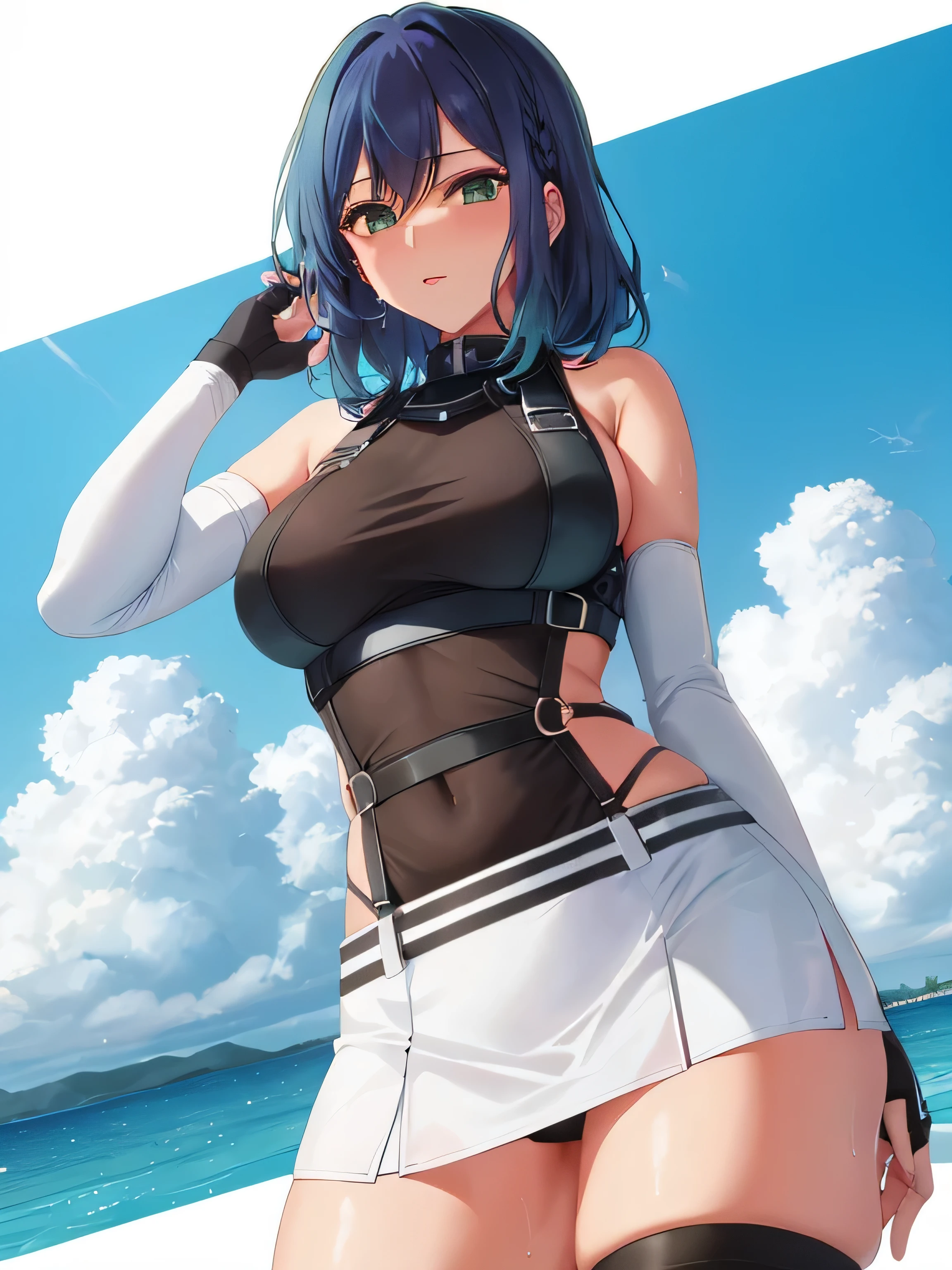 (masterpiece, 最high quality, high quality, super detailed, 8k), expensive body, expensive, long toned legs, mature female, mature, adult, It is_recommend_Akane, alone, 1 girl, outside, blue hair, medium hair, bangs, green eyes, sexy look, small breasts, beautiful breasts, beautiful curves, very sweaty body, white crop top, white t-shirt, elbow pads, black fingerless gloves, black suspenders, black mini skirt, black stockings