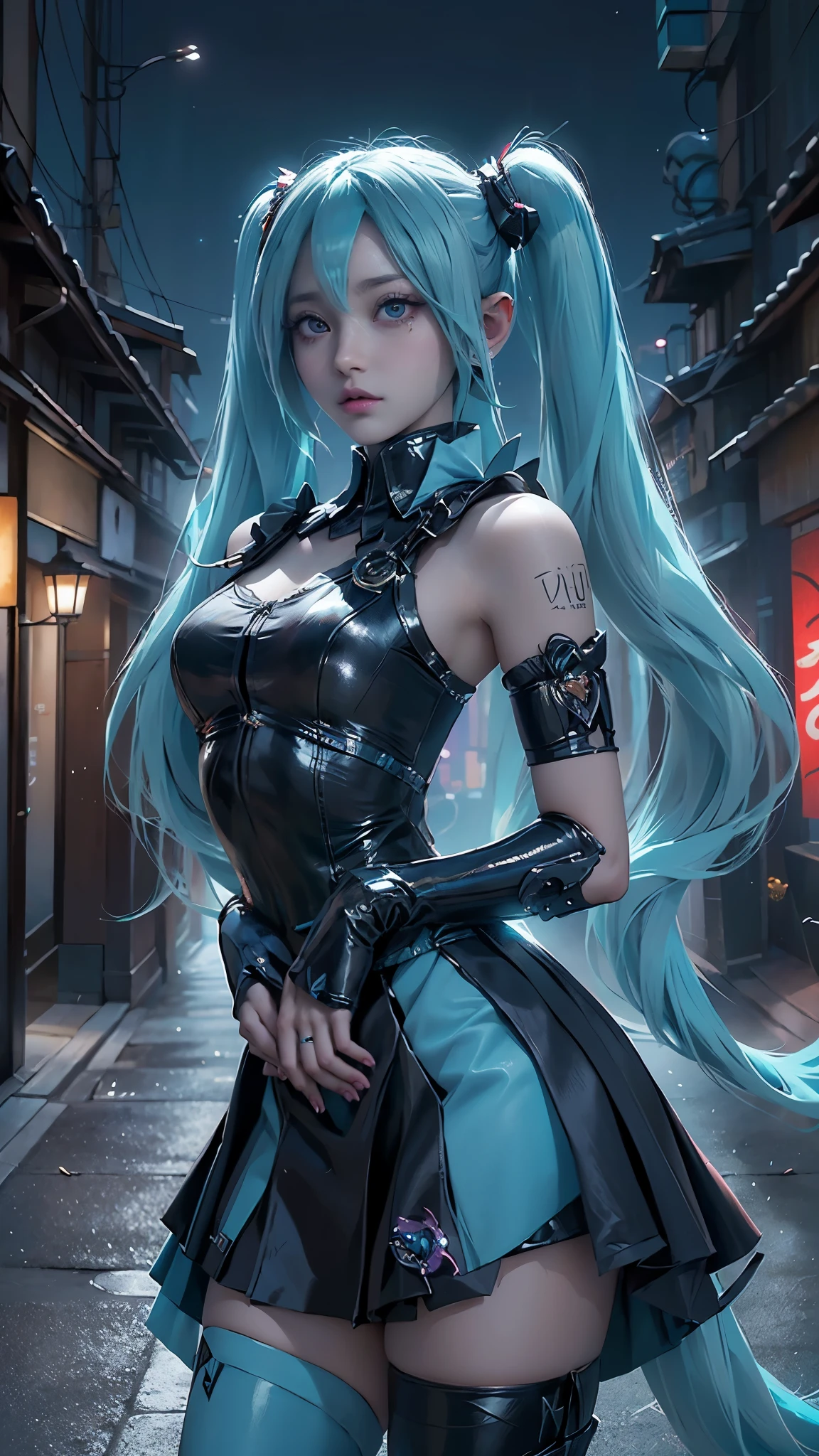 (La mejor calidad,A high resolution,Ultra - detallado,actual),Ariana Grande, chica anime cosplay, anime cosplay, (Hatsune MikuCosplay:1.4) , foto de cosplay, dos colas blancas_guantes, cosplay, lindo anime waifu con un bonito vestido, chica anime con pelo largo, Diosa del anime, cosplay elegante y glamoroso, chica anime disfrazada de sirvientaMore detailed 8K.motor irreal:1.4,UHD,La mejor calidad:1.4, fotorrealista:1.4, textura de la piel:1.4, obra maestra:1.8,obra-prima, mejor calidad,objeto Objeto], (detailed face features:1.3),(Las proporciones correctas),(Ojos hermosos azules),  (pose vaquero), ,( ciberpunk 2.1), (background alley city tokyo night :1.4),( dedos detailed:1.4),( perfect anatomy), (vestuario kawaii :1.4) 